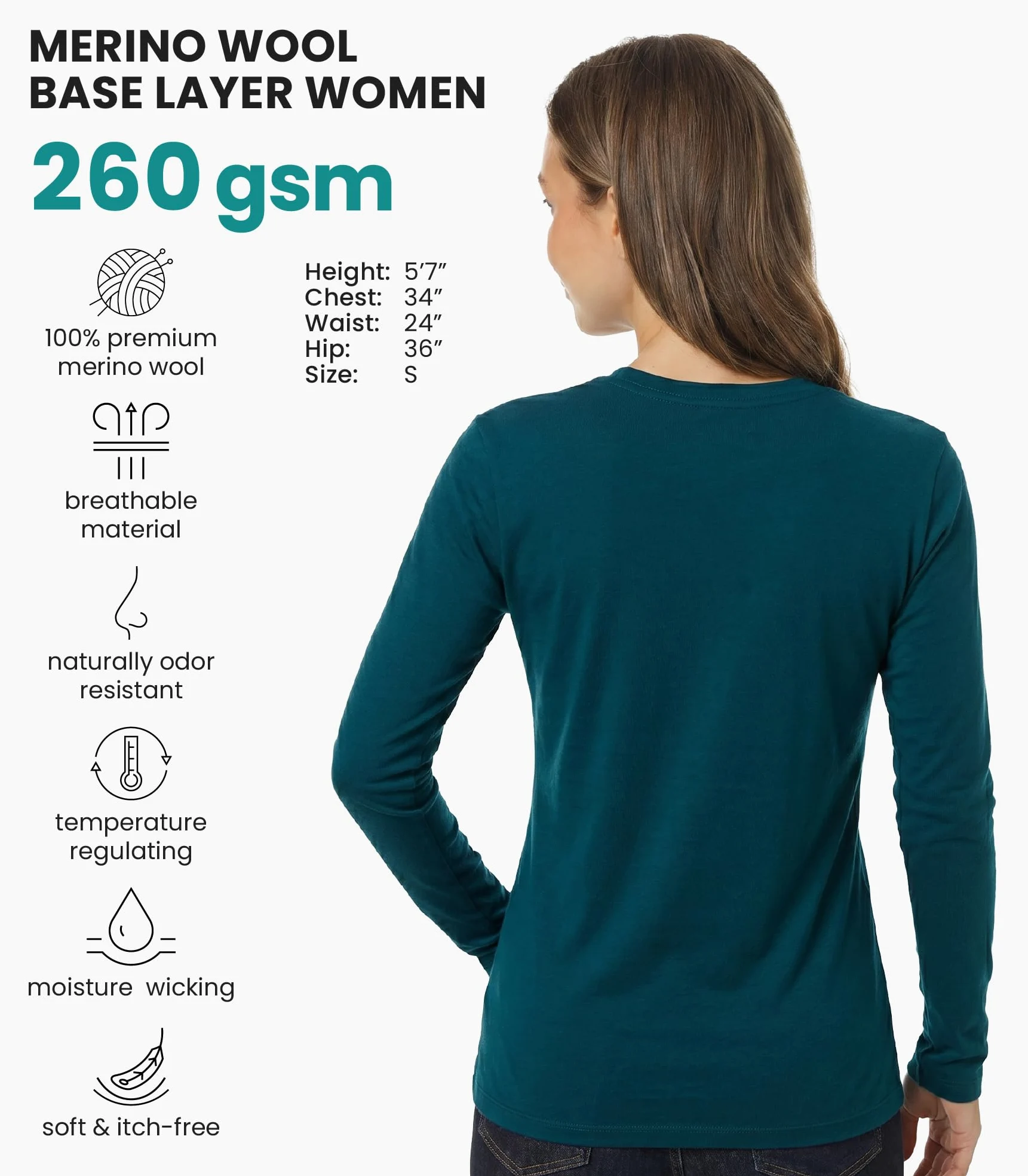Merino.tech Сamisetas Mujer Manga Larga - 100% Lana Merino Ropa Termica (Large, 190 Deep Teal Scoop)