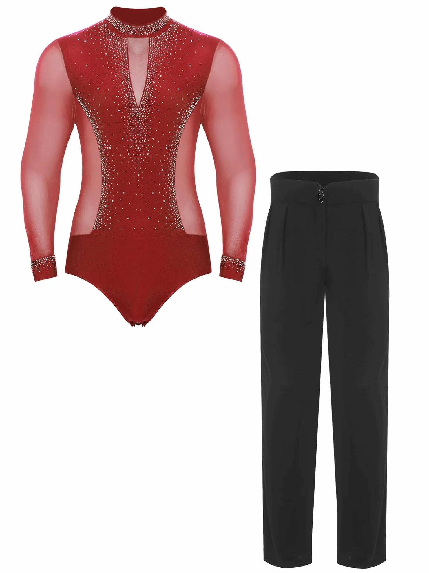 iiniim Conjuntos de Danza Latino para Hombres 2 Piezas, Leotardos con Cuello Mock y Lentejuelas, Pantalones Rectos de Cintura Alta