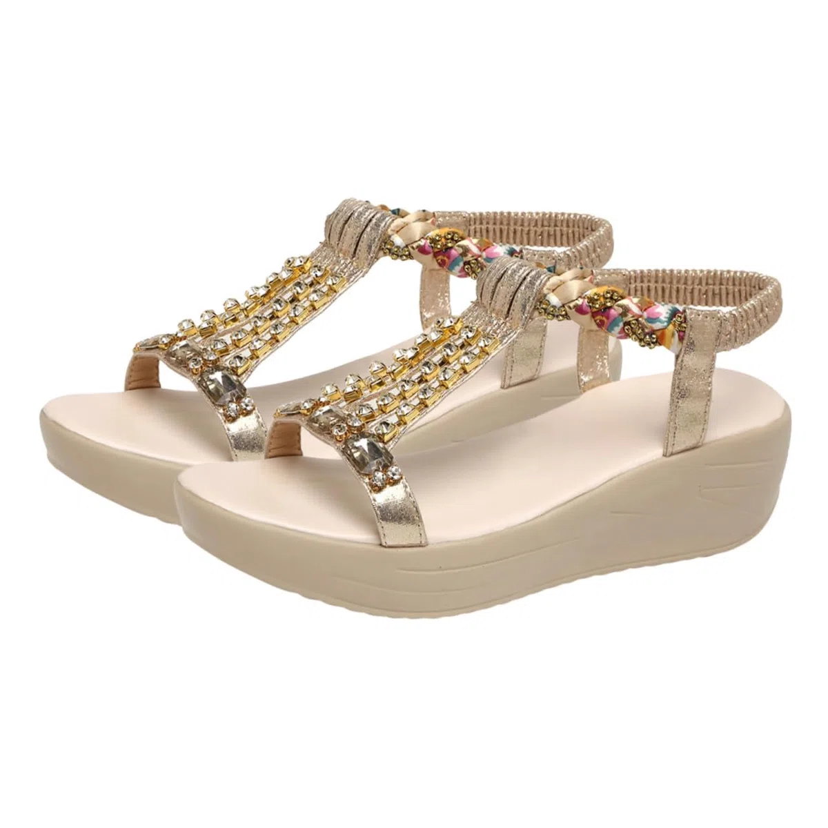 Ipetboom Sandalias de con Tiras de Pedrería para Mujer Tacón Cómodas para Verano y Playa Diseño Slip Color Dorado