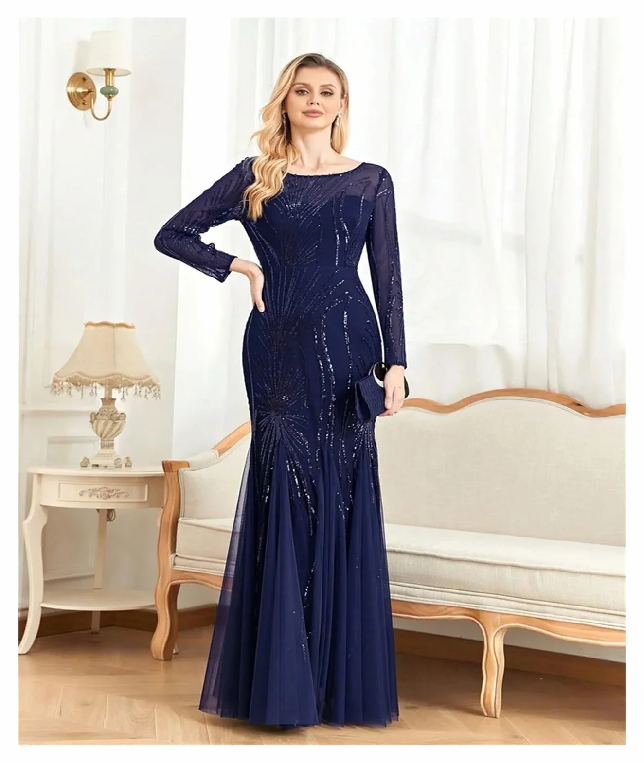 Vestido de Graduación para Mujeres Elegantes Vestidos de Noche de Tul con Lentejuelas y Mangas largas, Estilo Sirena, Formales, for Dama de Honor y Fiesta Maxi(Champagne,M)