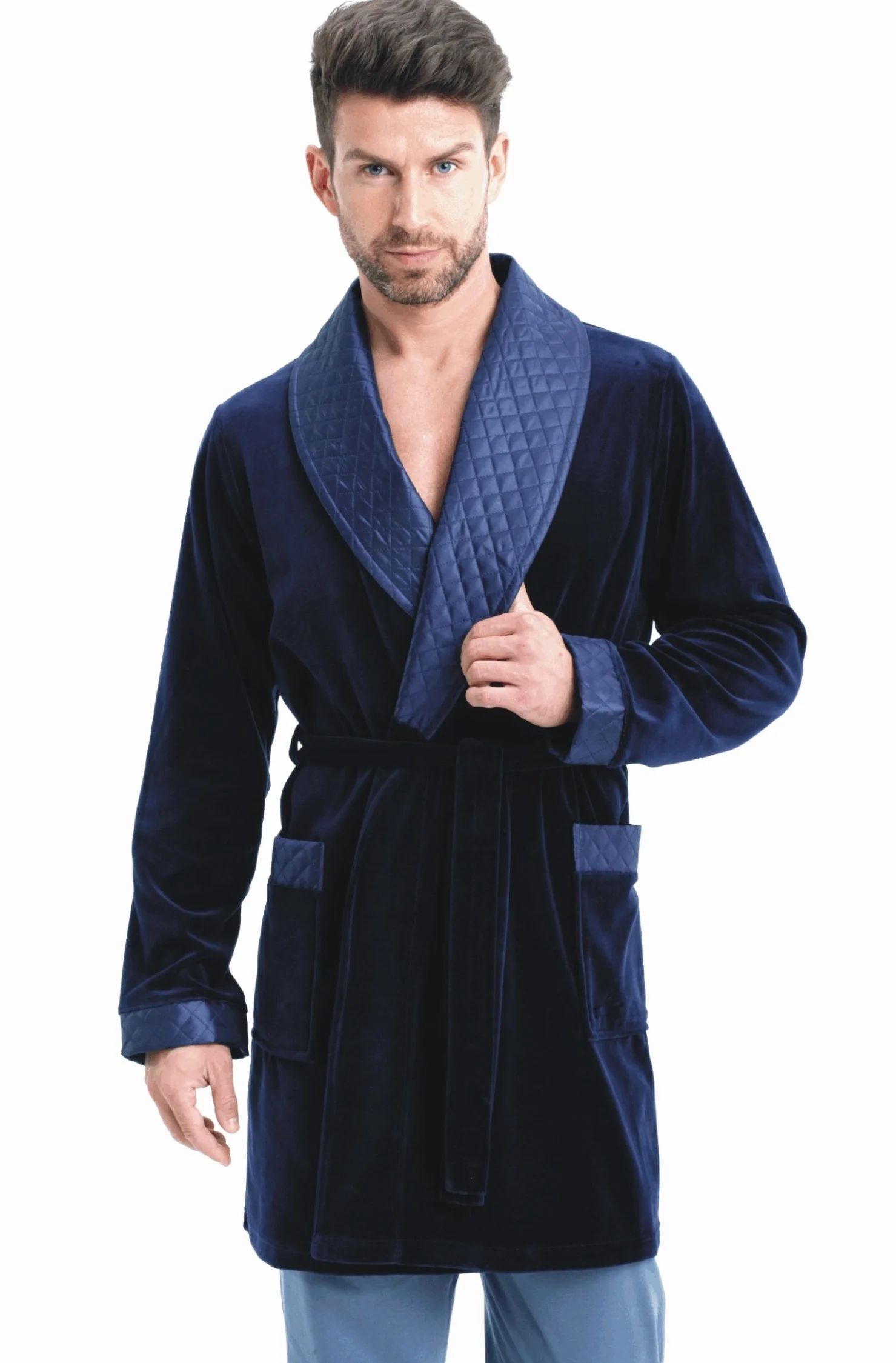 LEVERIE Elegante bata corta de algodón para hombre, con cinturón y bolsillos, fabricada en la UE