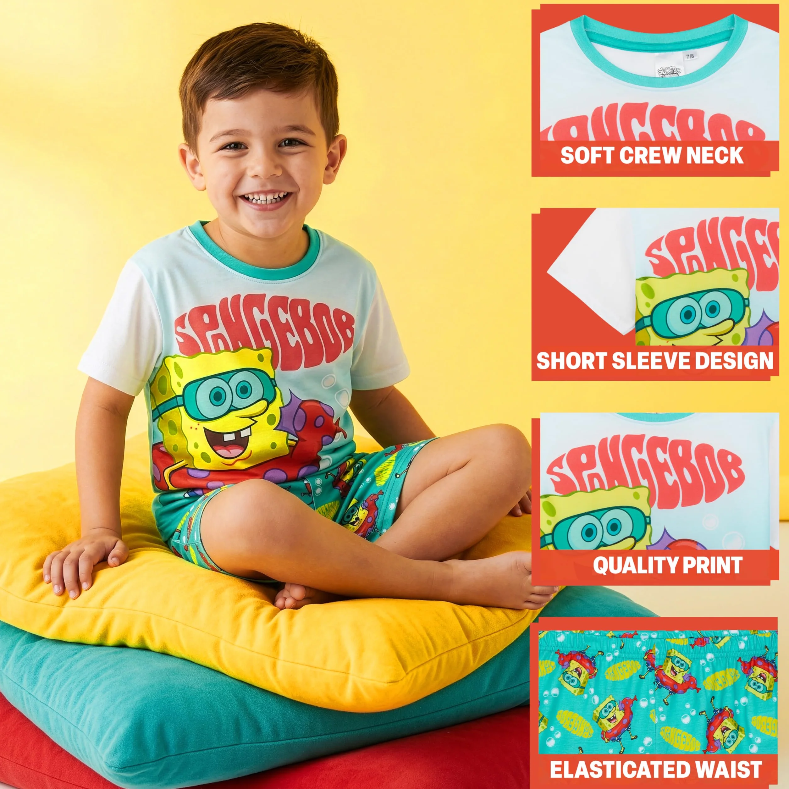Bob Esponja Pijama Niño 4-12 Años Conjunto Verano Corto Algodón Camiseta Manga Corta Shorts Ropa Dormir