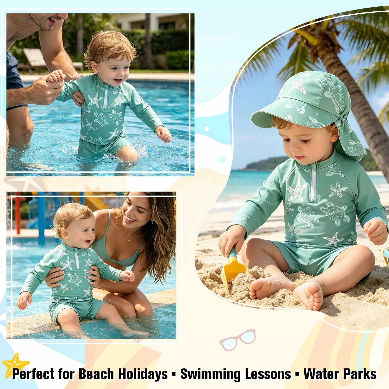 Conjunto de baño de dos piezas para niños pequeños Gorro Camiseta manga larga y Pantalones cortos Playa Piscina