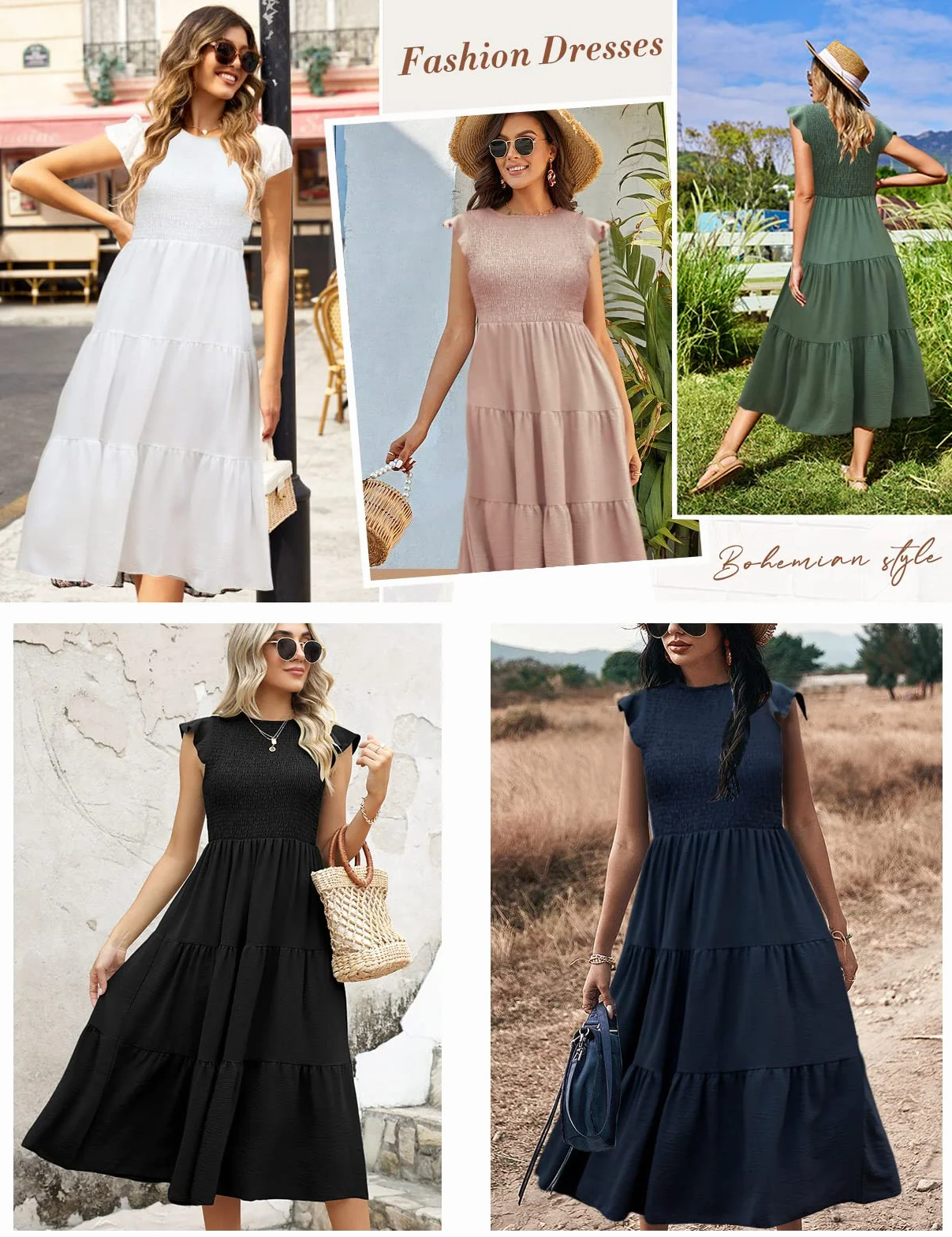 Yuson Mujer Vestido Largo Verano Cuello Redondo Manga Volante Elegante hasta la Rodilla Playa Elástico Casual