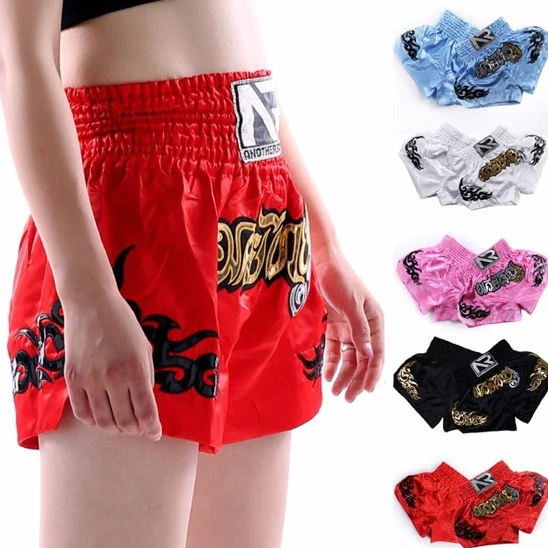 Pantalones cortos de kickboxing para mujer, para entrenamiento de Muay Thai, ropa de lucha MMA transpirable de poliéster con cintura elástica para boxeo y fitness