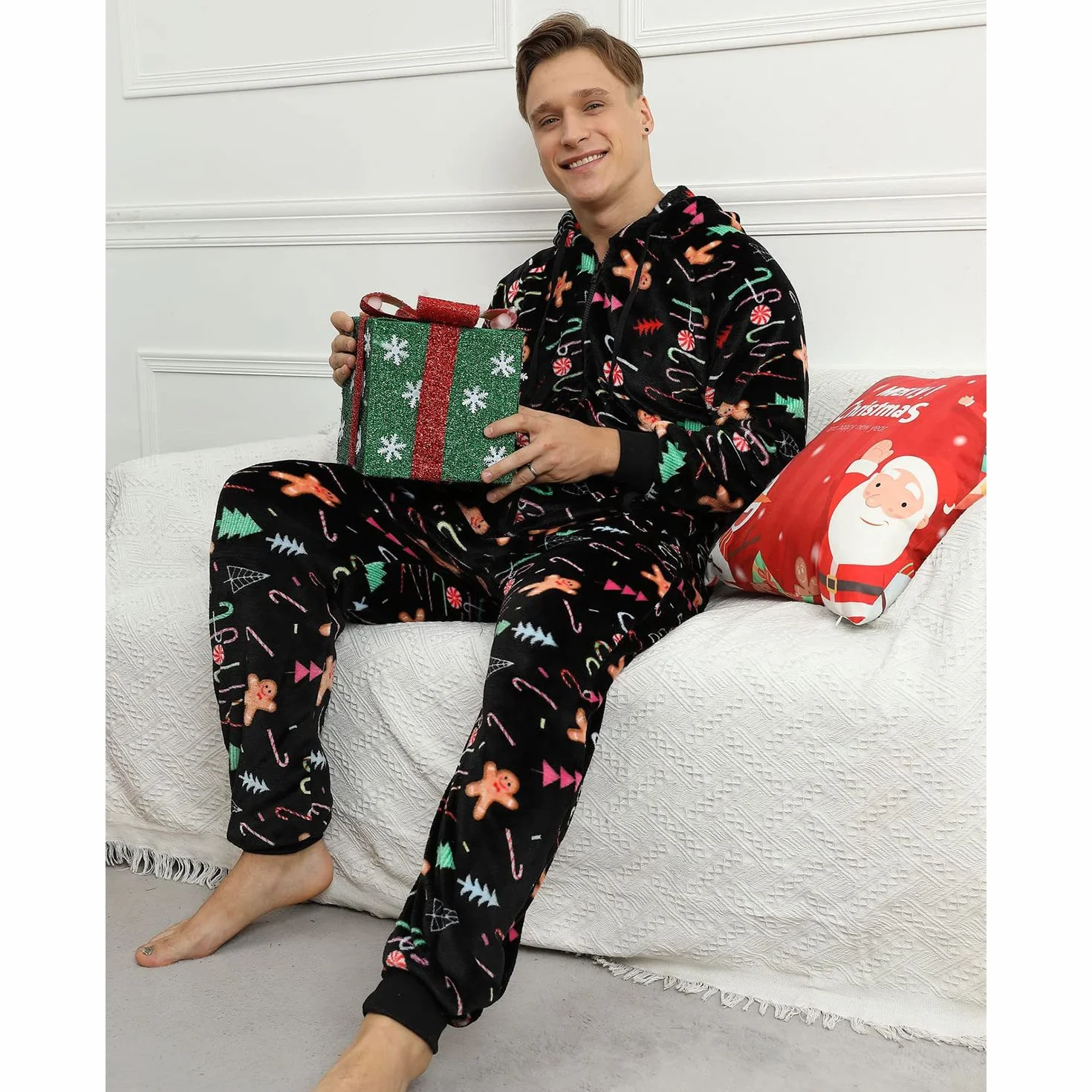 Pijama Navidad Una Pieza Hombre Franela Pijamas Mono Entero con Capucha Manga Larga Invierno Calentito Jumpsuit Adulto Onesie Ropa de Casa Dormir Caramelo de Navidad Negro XL