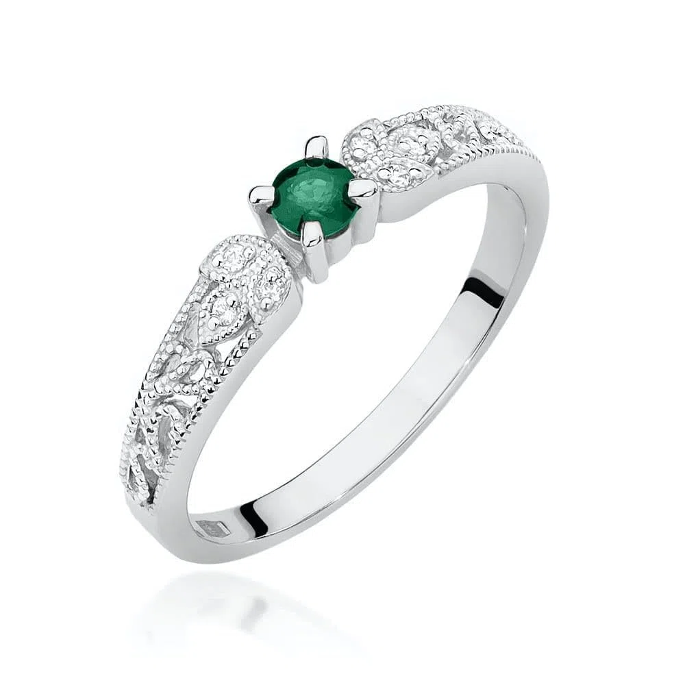 Sakrami Anillo de mujer de oro amarillo o blanco de 14 quilates con esmeralda natural de 0,15 ct y diamantes, anillo elegante con grabado para compromiso, San Valentín, aniversario (blanco, 22)