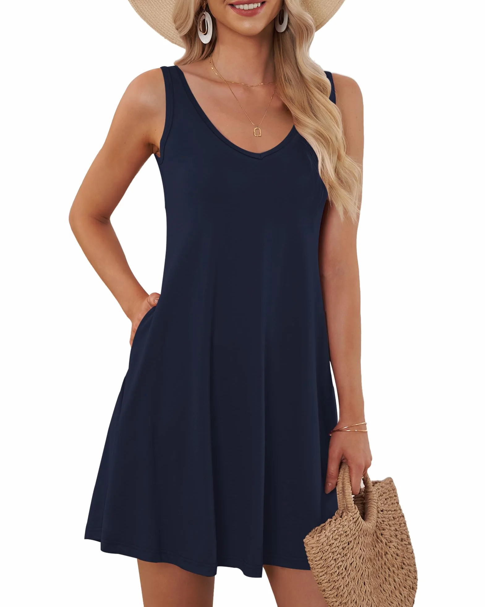 AUSELILY Vestido sin Mangas de Verano para Mujer Informal Mini Vestido de Playa con Cuello en V y Bolsillos Azul Beja L