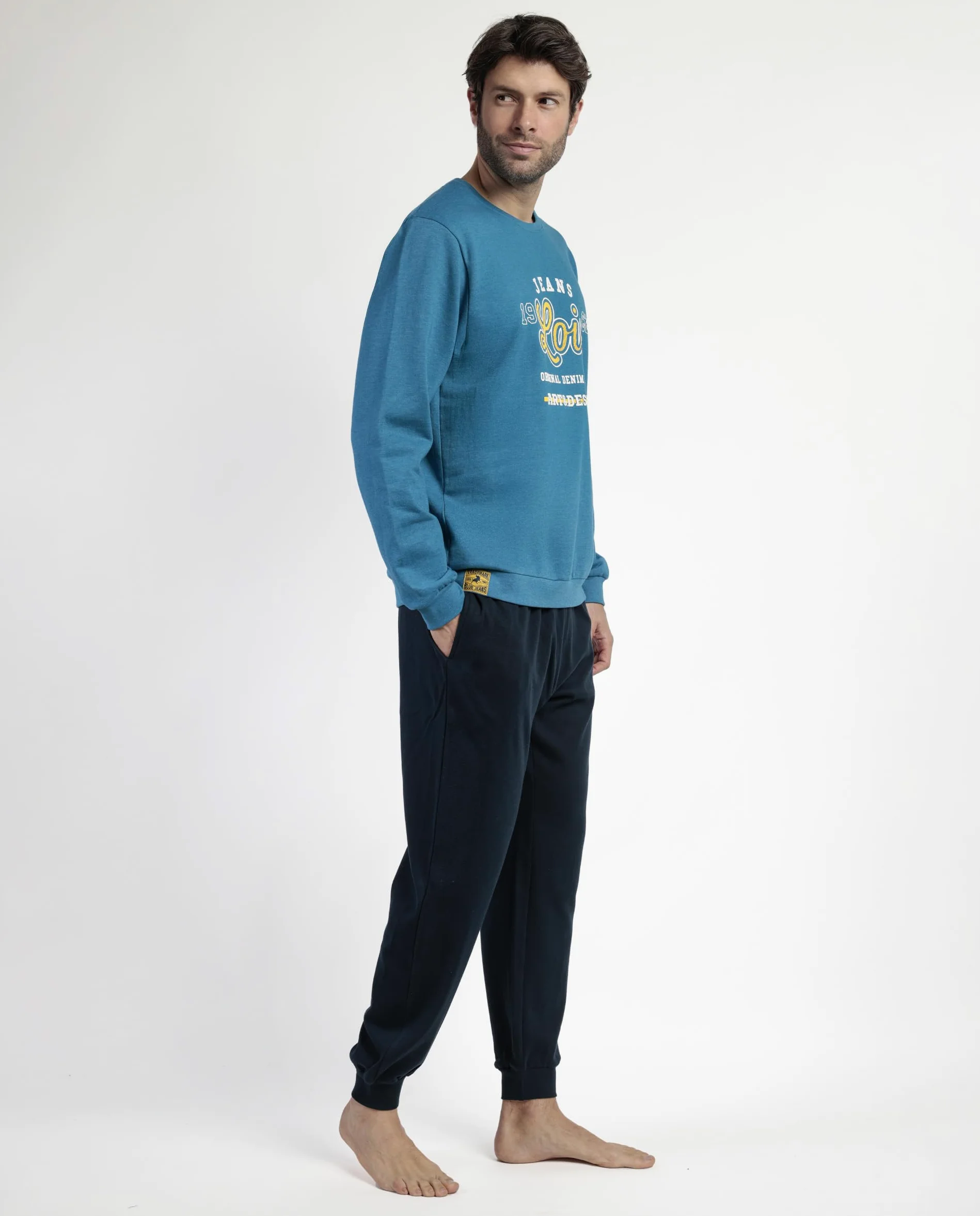Lois Pijama Hombre Invierno 60% algodón, 40% poliéster, 100% algodón – Pijama de Hombre Camiseta de Manga Larga Neppy, pantalón Largo Cintura Ajustable, con puños y Bolsillos, Color Azul, Talla XXL
