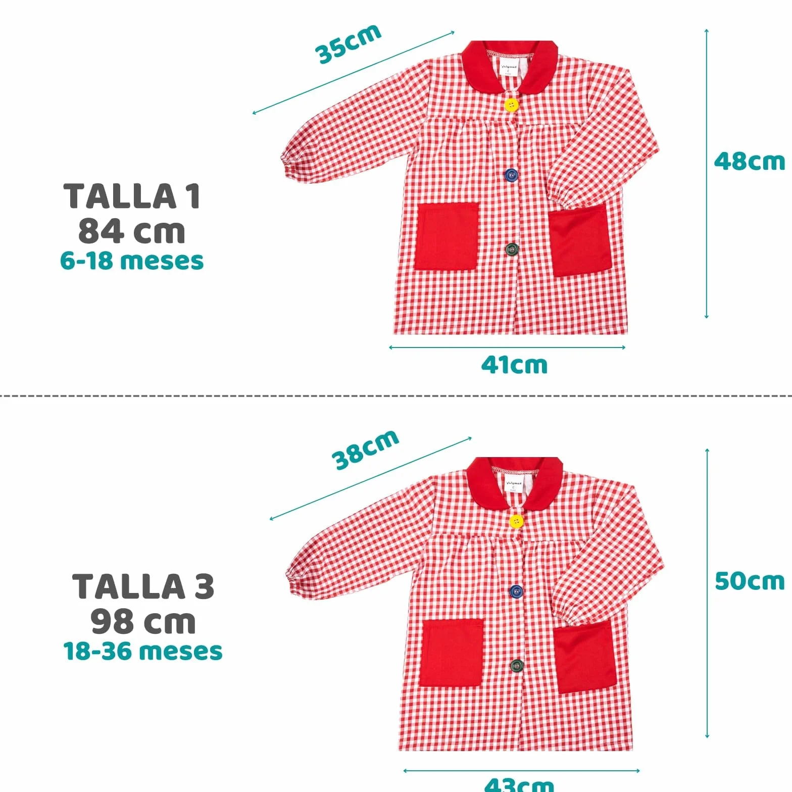 Bata escolar infantil HOMYBABY® con botones para guardería y colegio - Fácil de poner y quitar con bolsillos y puños cerrados (Rojo, Talla 1)