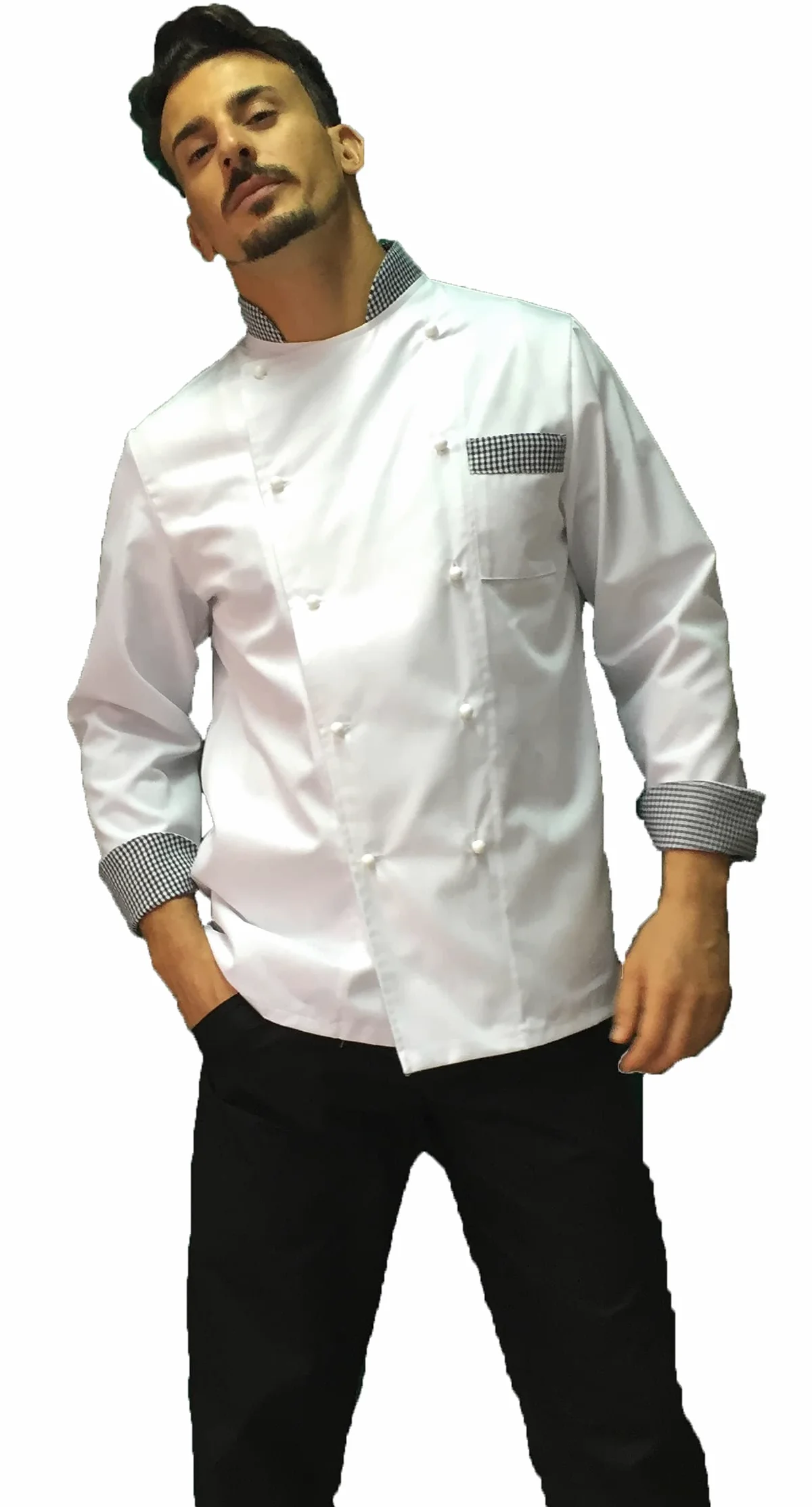 Bordado gratuito – Conjunto de cocinero para hombre – blanco, pied de pule y negro – Uniforme para cocina y restaurante – Fabricado en Italia