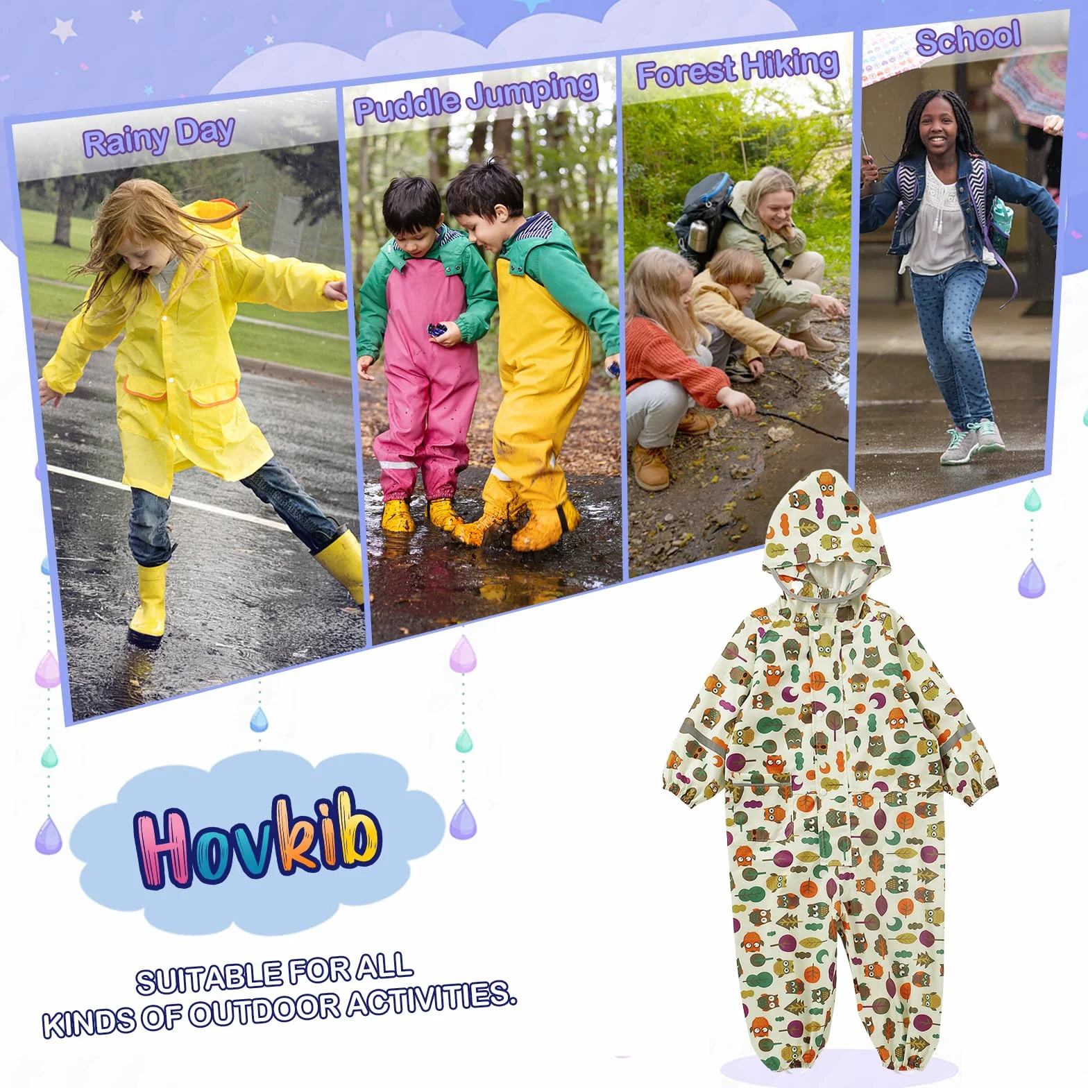 Impermeables para Niñas Niños Chubasqueros Chaquetas Ligero Capa de Lluvia Bebé Encapuchado Mono de Bolsillo Estampados Reflectante Abrigos Impermeables Unisex Niños 1-10 años