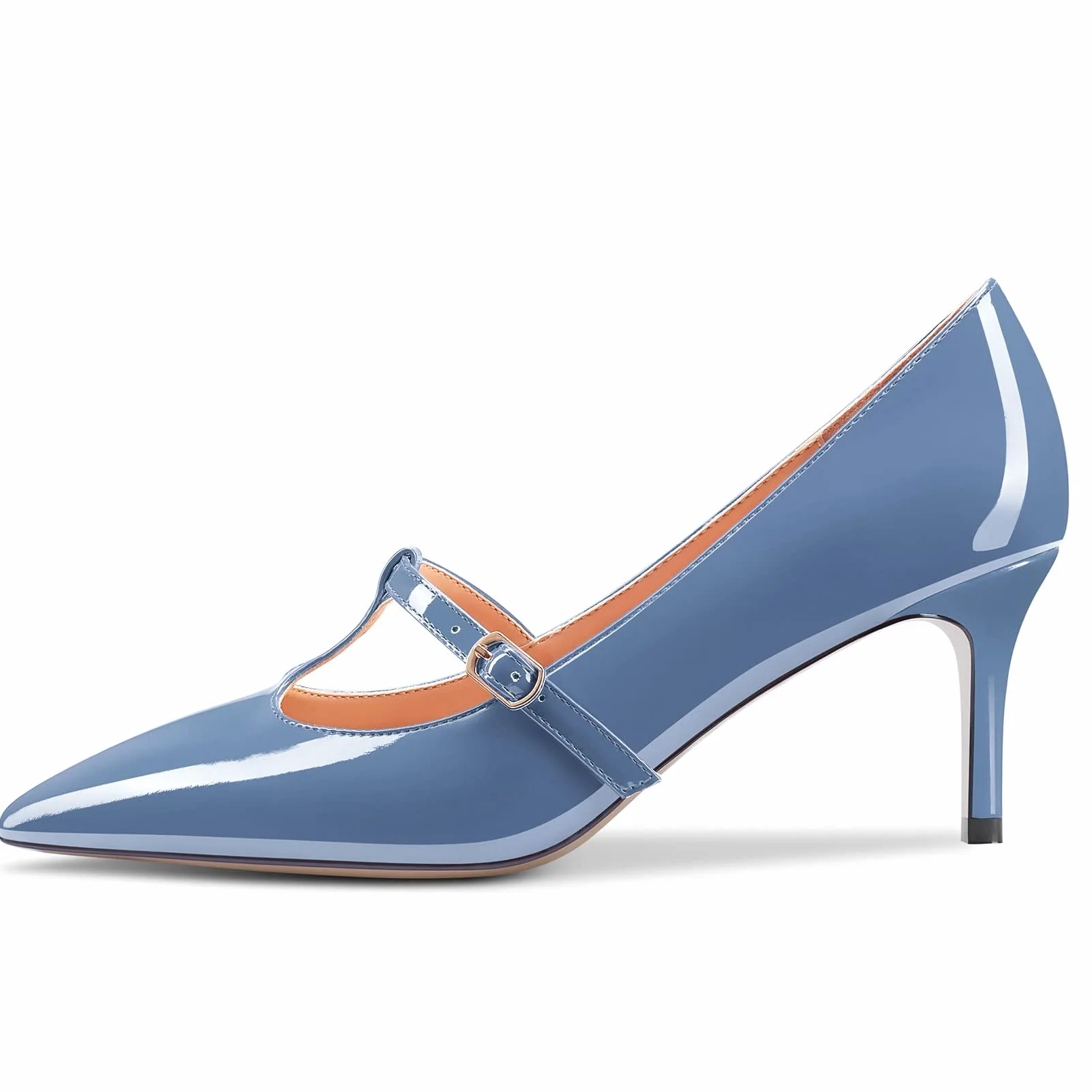 Aachcol Mujer Aguja Medio Bajos Heel Pumps T-Strap Slip-on Puntiaguada Punta Dress Zapatos Oficina Fiesta de Boda Charol 6.5 CM