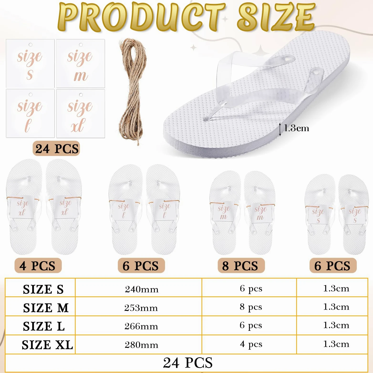 Hestya 24 Pares Chanclas para Invitados Sandalias de Boda Pantuflas Blancas para Recepción Playa Piscina Fiesta, 4 Tamaños
