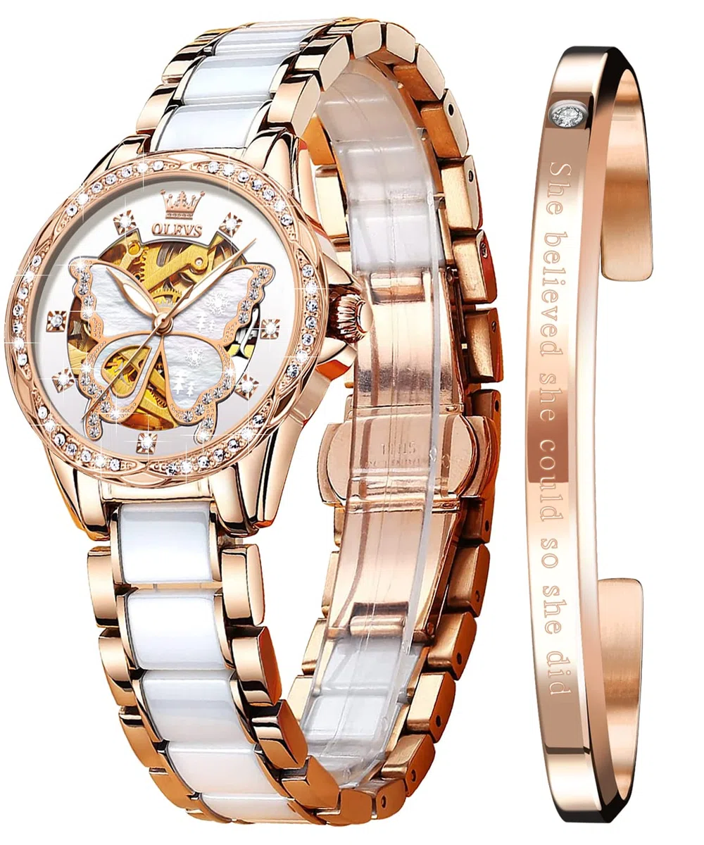 OLEVS Relojes automáticos para mujer, oro rosa, vestido de diamantes de moda, reloj de pulsera mecánico de dos tonos, correa de cerámica impermeable luminosa, juego de regalo, Esfera de mariposa
