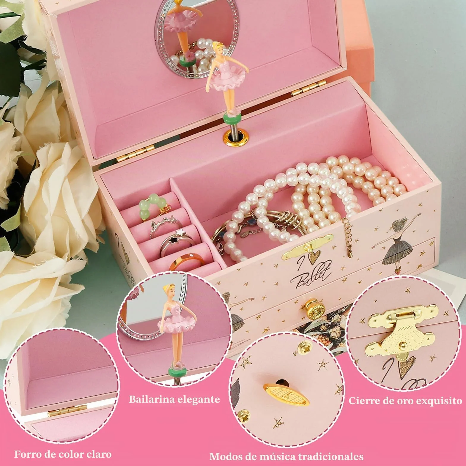 Joyero niña Joyero musical para niños, caja de música con unicornio giratorio, para niñas y niños, con espejo, regalo de cumpleaños (niña de ballet rosa y negro)