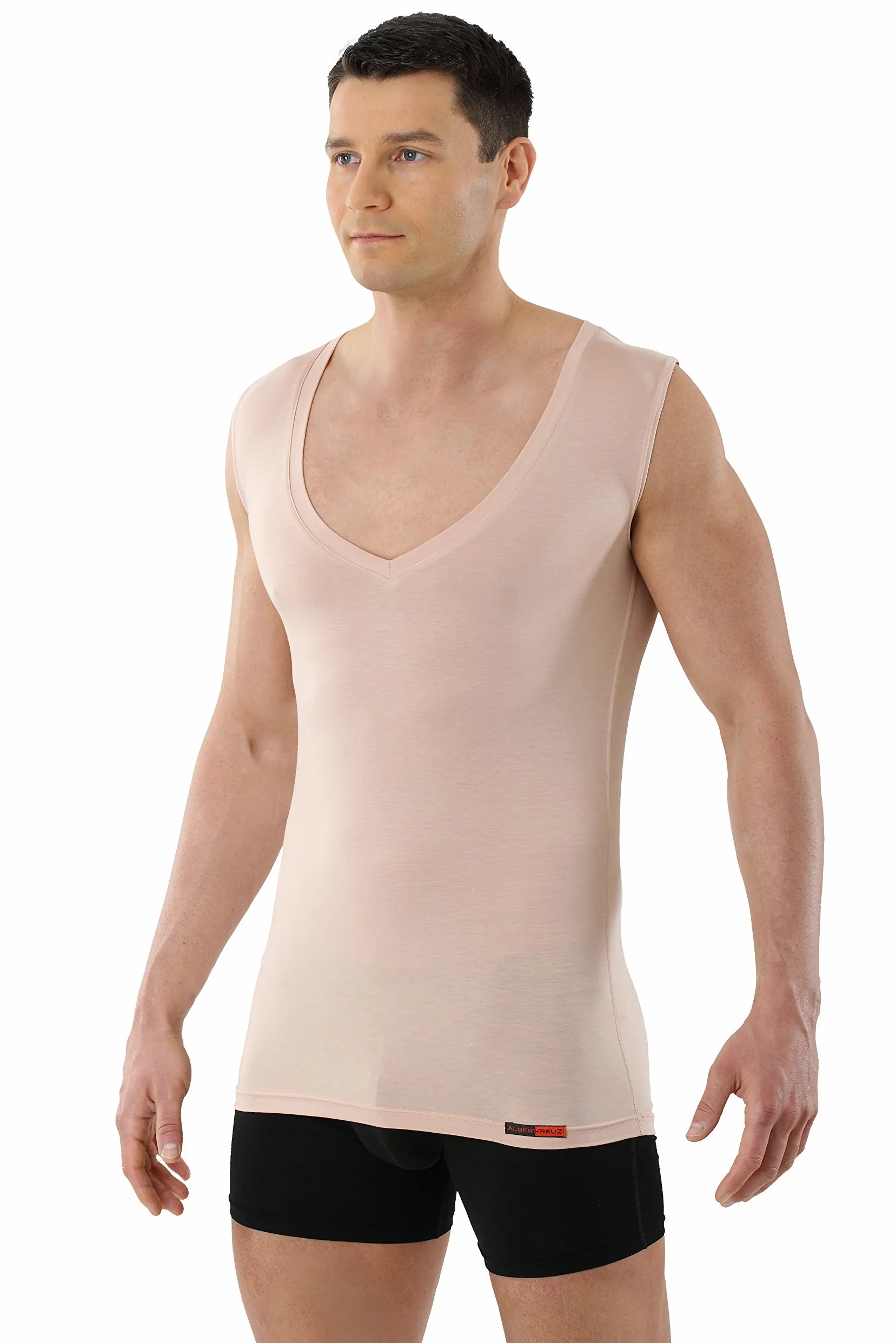 ALBERT KREUZ Camiseta Interior Invisible Color Carne para Hombre con Cuello de Pico Extra-Profundo, sin mangay y de Micromodal elálstico Muy Suave y Ligero