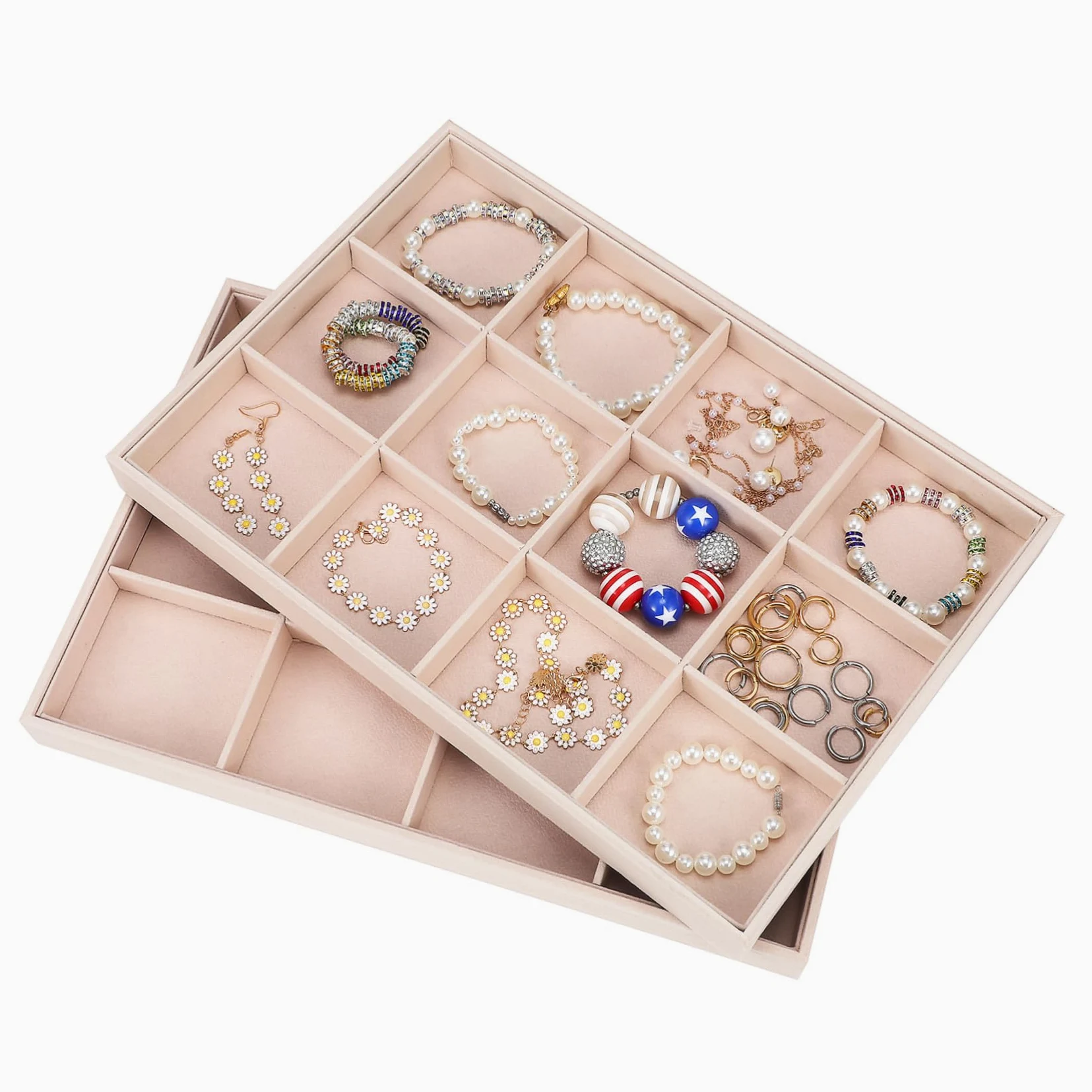 COLLBATH Bandejas para Joyas Terciopelo 12 Compartimentos Organizador de Joyería para Collares y Anillos Uso Personal y Exhibición 2 Unidades Apilables