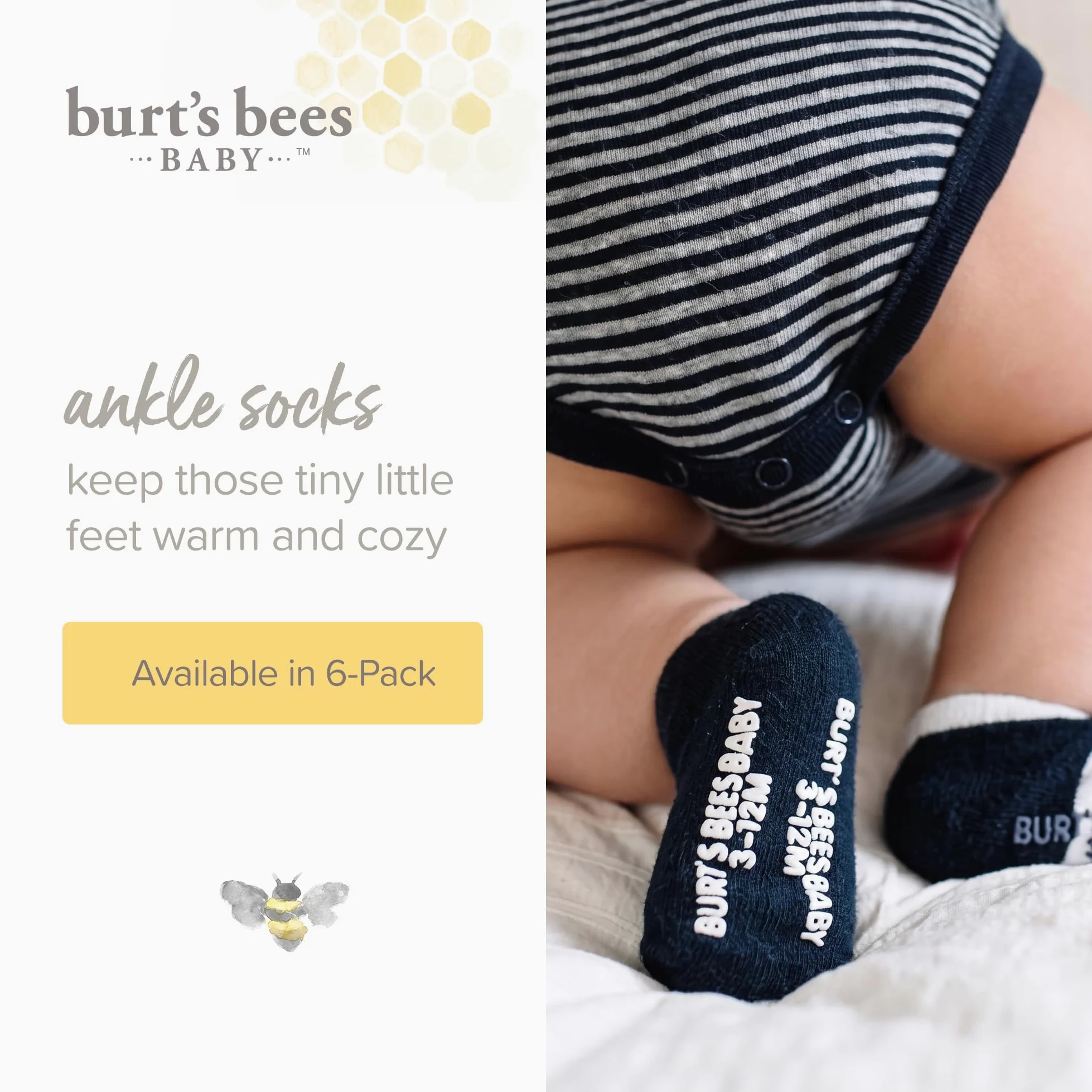 Burt's Bees Baby Socks, 6-pack Ankle Or Crew With Non-slip Grips, Made With Organic Cotton Calcetines casuales Unisex bebé (Pack de 6)