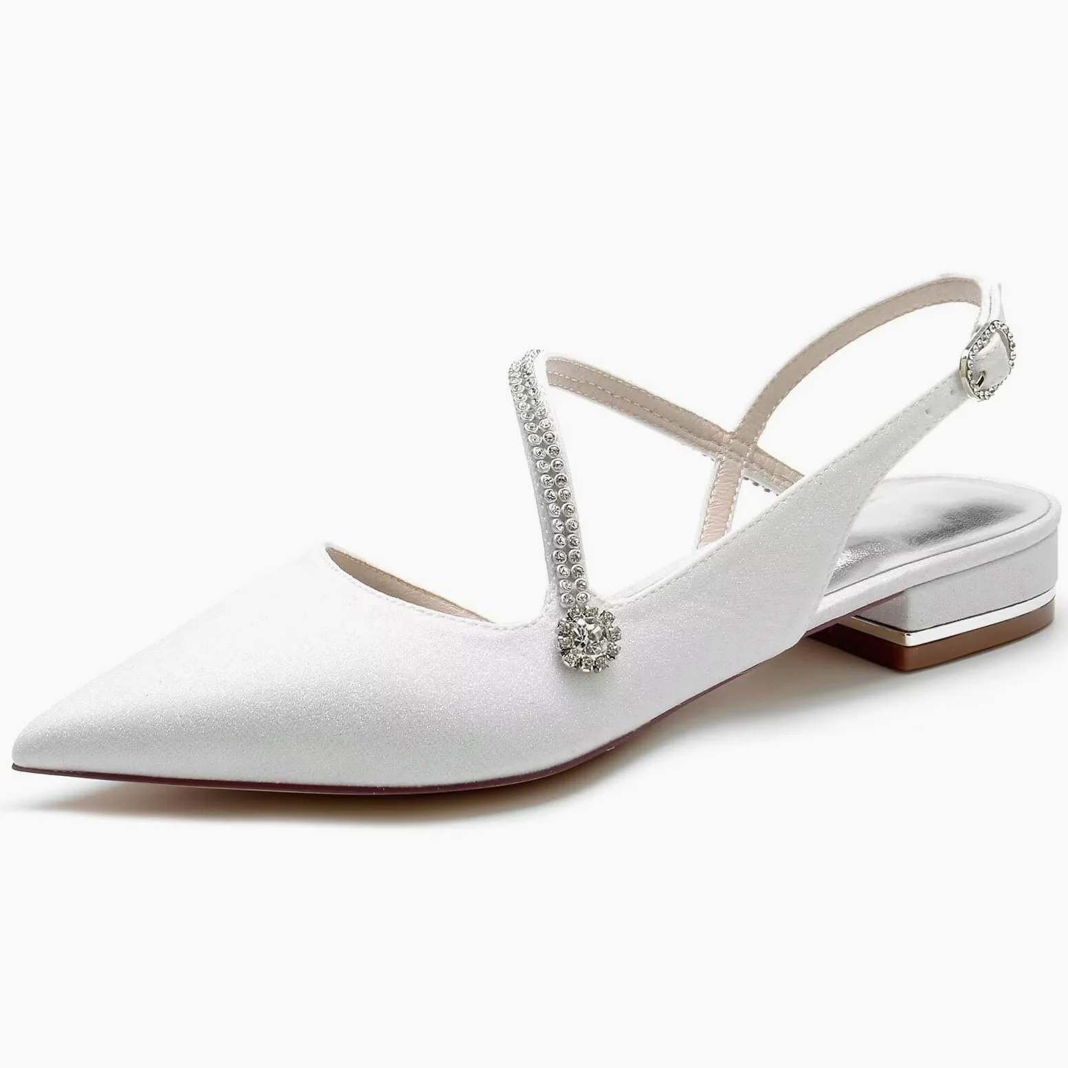 Zapatos planos de satén con abalorio para mujer, cómodos zapatos de novia blancos con correa al tobillo, zapatos de fiesta de graduación