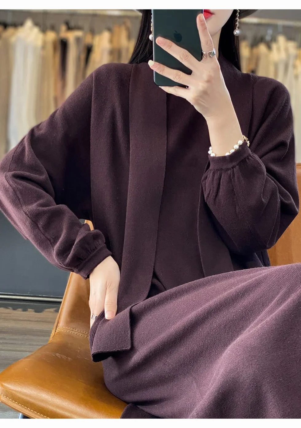 Cárdigan de Mujer Cárdigan de Punto de Algodón para Mujer Abrigo Suéter Liso Color Café Cárdigan Largo de Manga Farol Cárdigan Abierto por Delante Chaqueta de Punto Suelta de Primavera para Uso Diari
