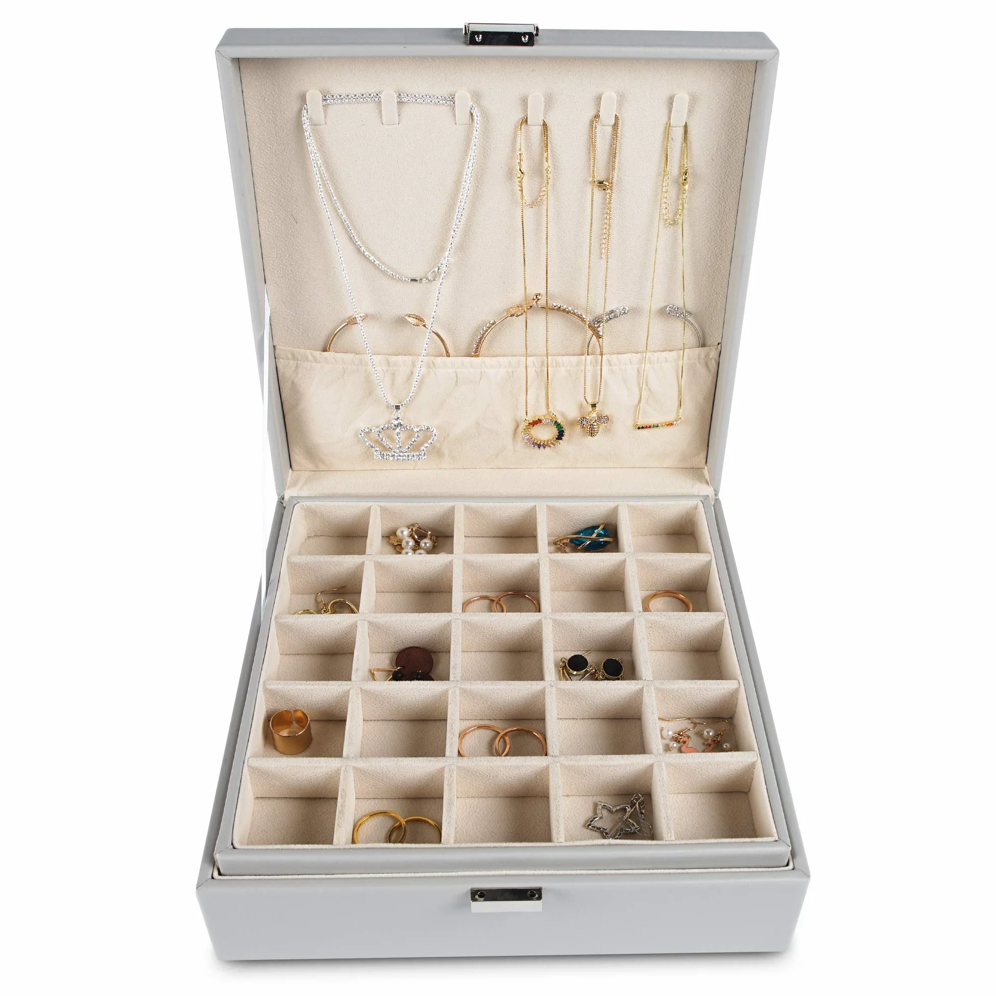 Frebeauty Organizador de pendientes, caja de joyería clásica con 50 ranuras de doble capa con 6 ganchos para collares y bolsillo para pulsera (gris)