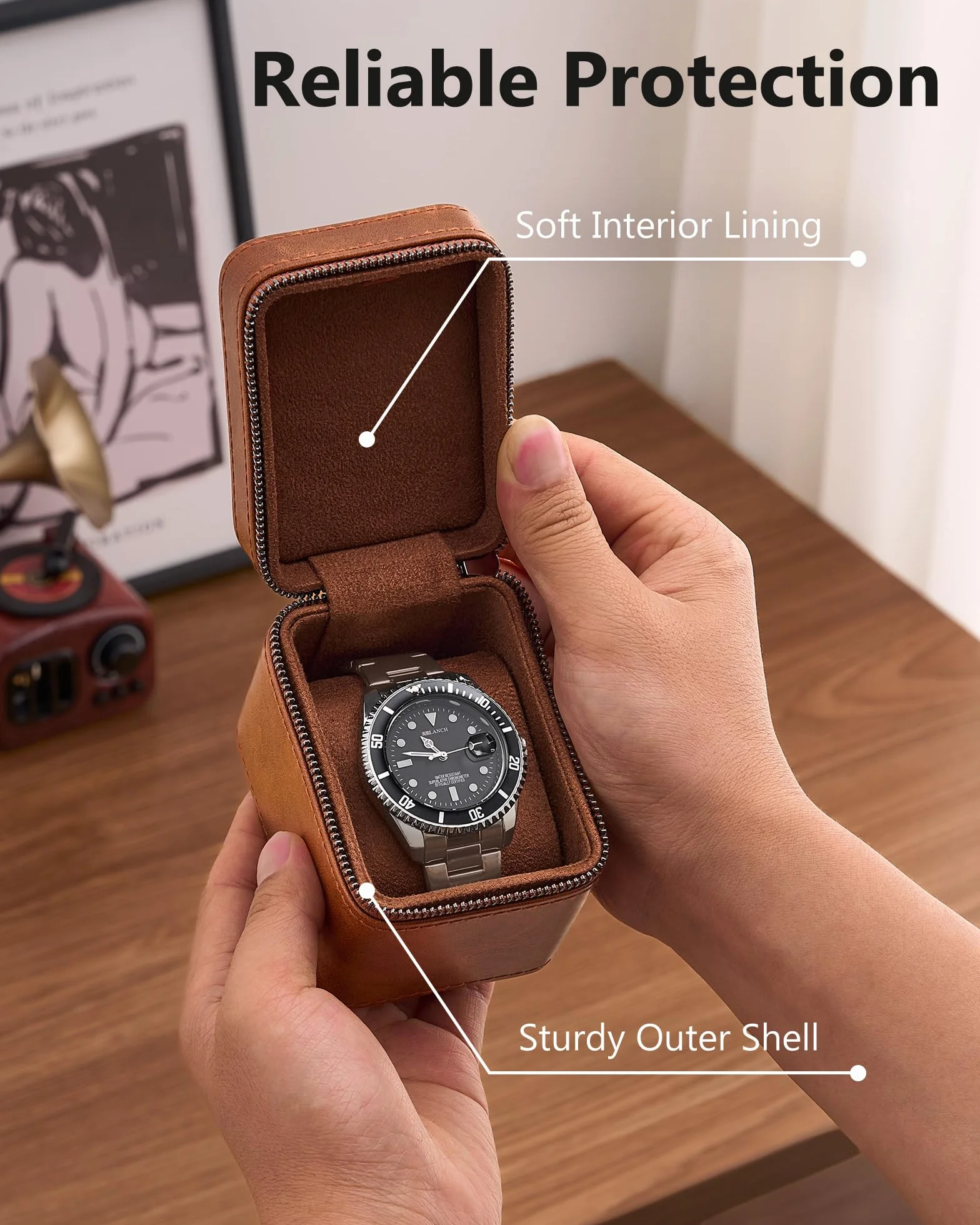 ProCase Estuche de Viaje para 1 Relojes, Caja para Relojes con Funda de PU Cuero y Acolchado Suave, Estuche Compacto para Relojes de Lujo y Smartwatches de Hasta 55 mm –Marrón