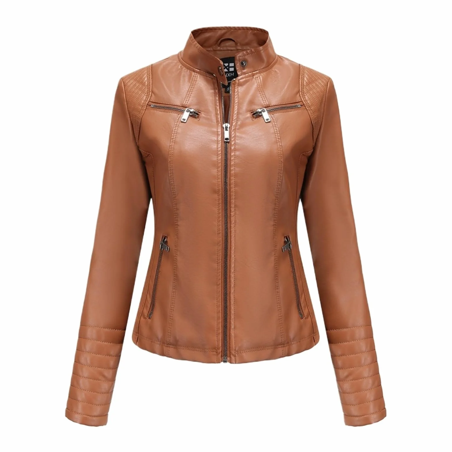 Chaqueta Cuero Mujer Women's Slim Leather Jacket Stand Up Collar Zipper Stitching Monochromatic Coat Para salir