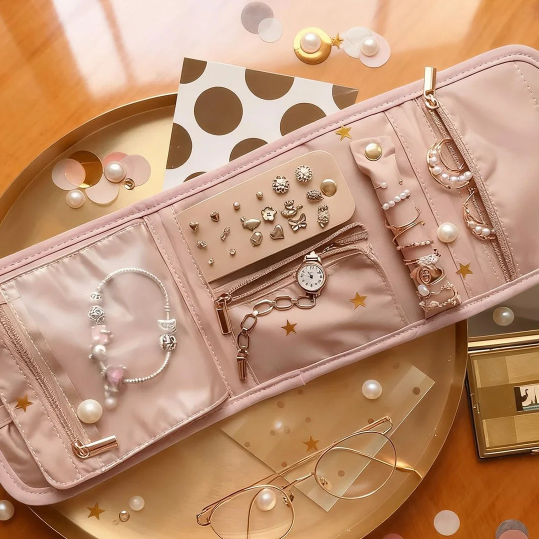 Bolsa Almacenamiento de Joyas, Organizador Plegable y de Viaje, Rollo Portátil, Compacta y Ligera, con Múltiples Compartimentos para Collares, Pendientes, Anillos, Pulsera, Relojes