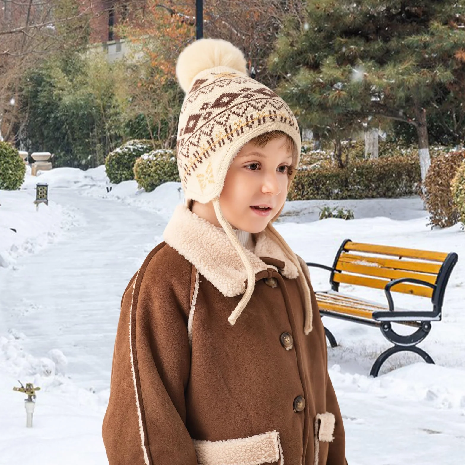 Juego de 3 piezas de invierno para niños con forro polar y gorra, polaina para el cuello, guantes para 3-8 años con pompón, cálidos, pantalla táctil, nieve, escuela, uso al aire libre