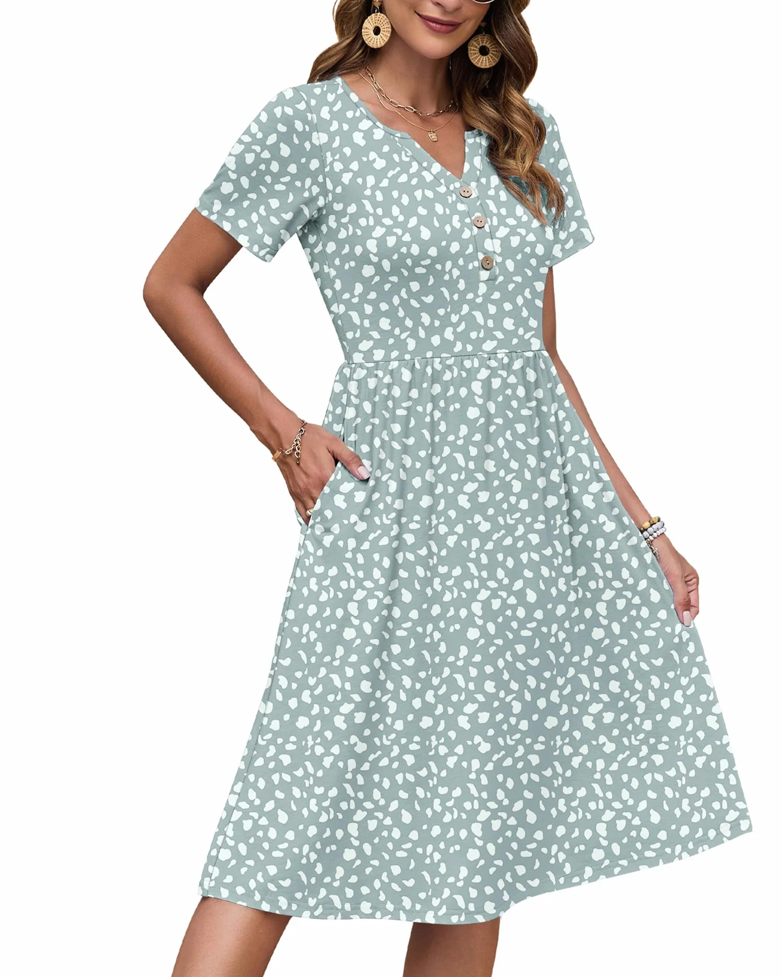 AUSELILY Vestido Verano Manga Corta Mujer Largo Rodilla Cuello V Plisado Bolsillos
