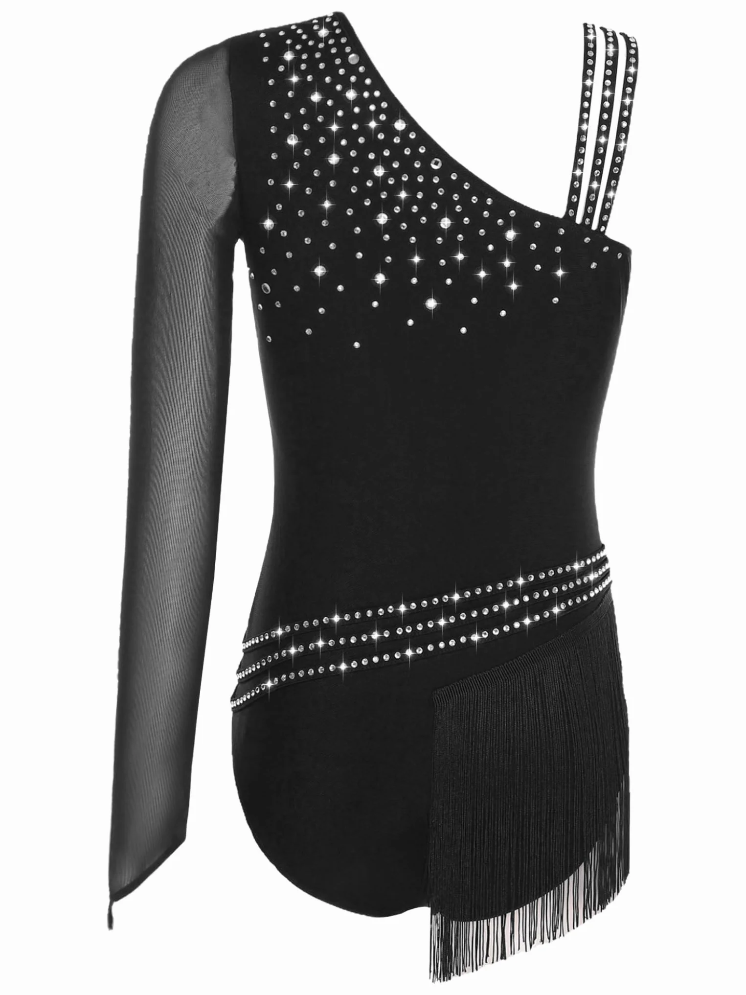 Leotardo de Danza Gimnástica para Mujer Body Brillante Manga Larga Maillot con Flecos Baile Latino Tango Cha-Cha S-xxl