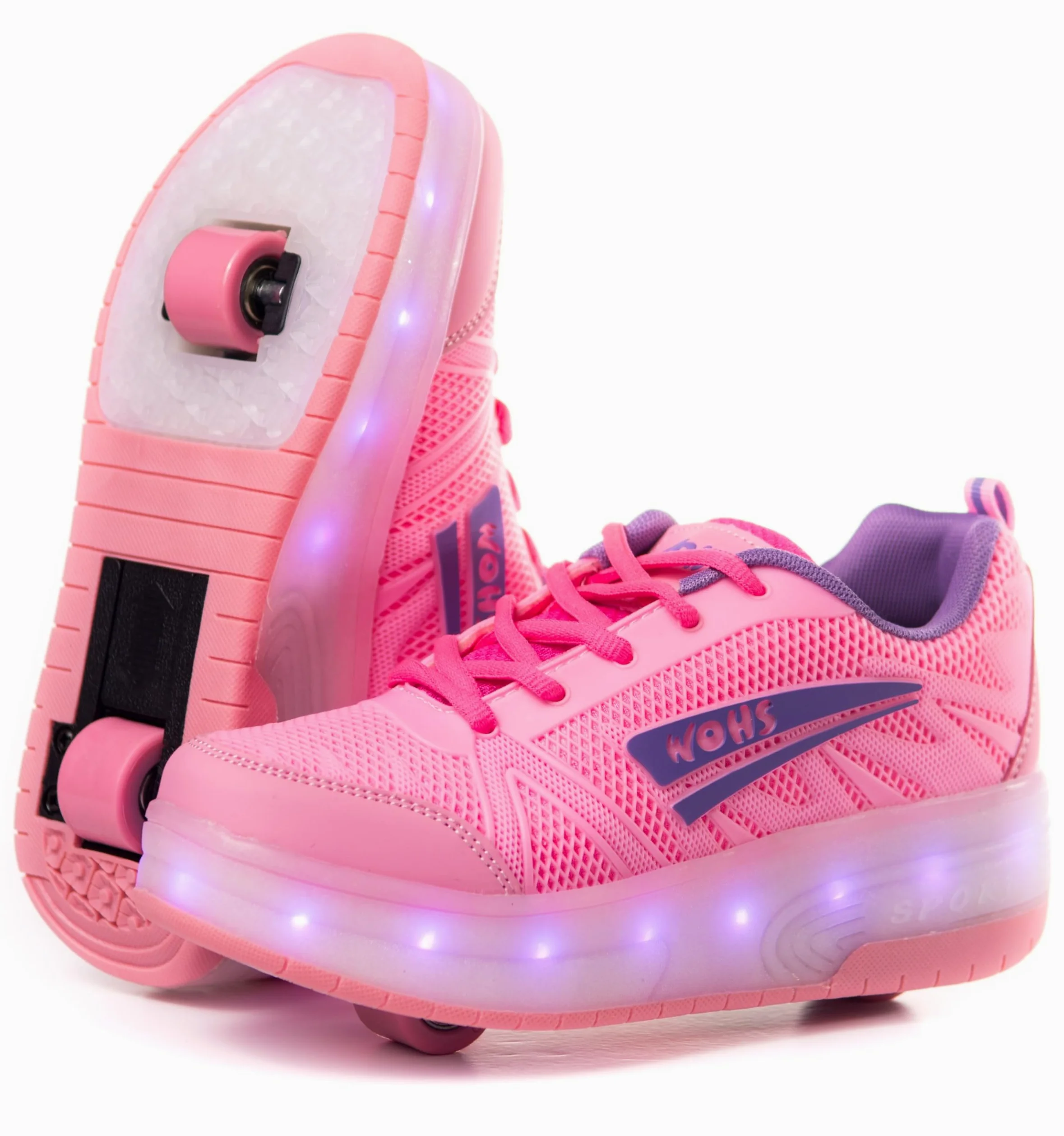 Zapatillas Deportivas con Dos Ruedas y Luces LED. Recargables, 16 Efectos de Luces LED. Rueda Trasera automática. Rosa/Lila. Talla 35