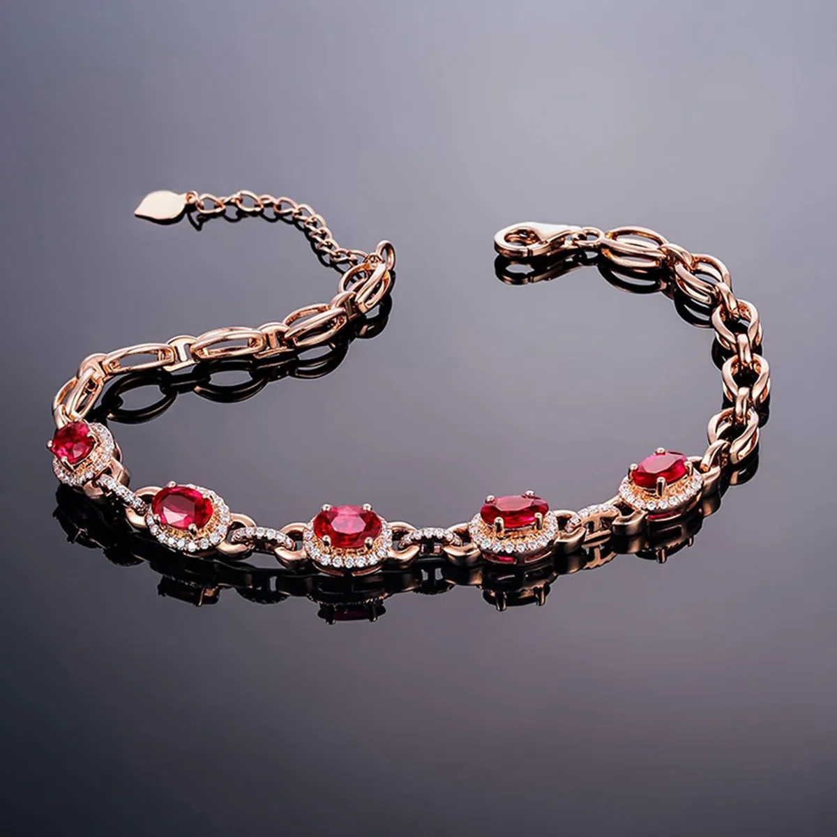Pulseras Mujer Oro Rosa 9Kt / 14Kt / 18Kt, Oval con Rubí y Diamante, Cadena Extensible 16 CM + 5 CM, Pulseras Ajustable Mujer de Oro Rosa