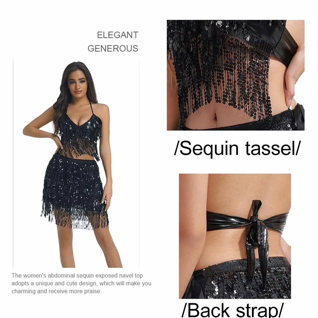 Top de danza para mujer con borlas y lentejuelas para danza del vientre negro