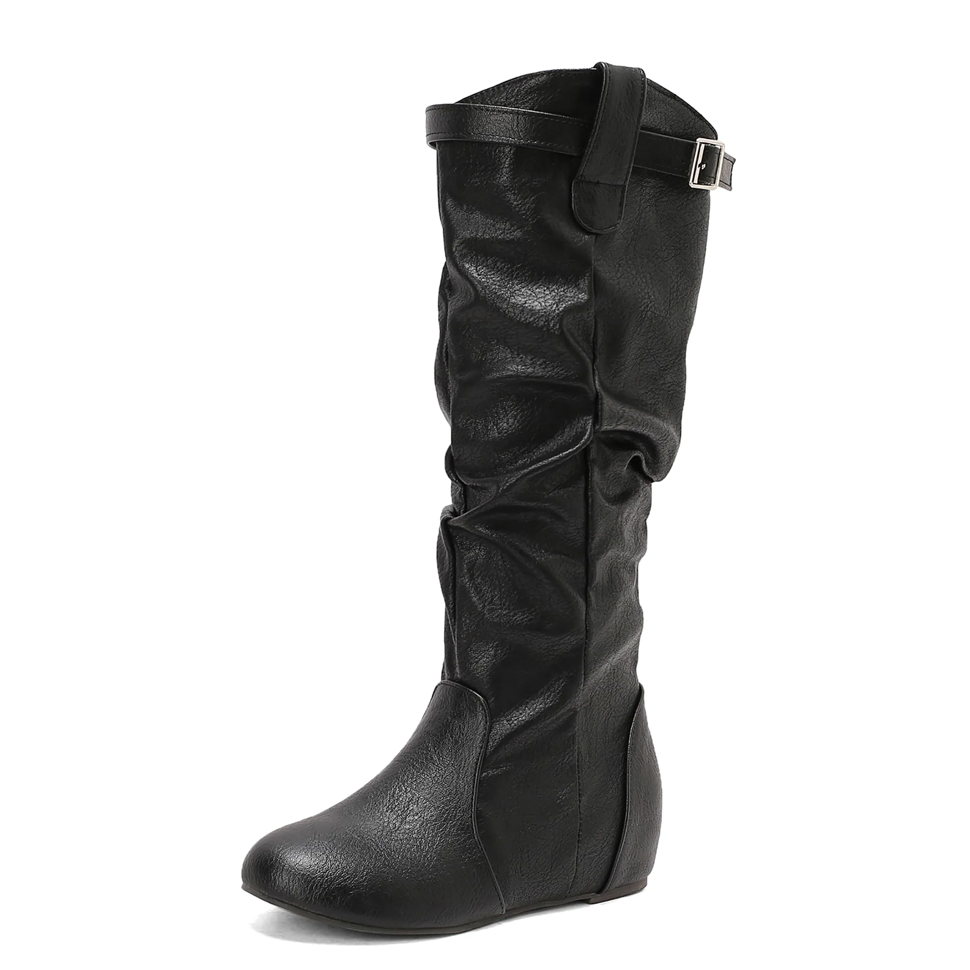 Bviennic Botas Rodilla Mujer Mid Tacón de Cuña Casual Punta Rojoonda Zip Slouch 2593, Talla 34-48