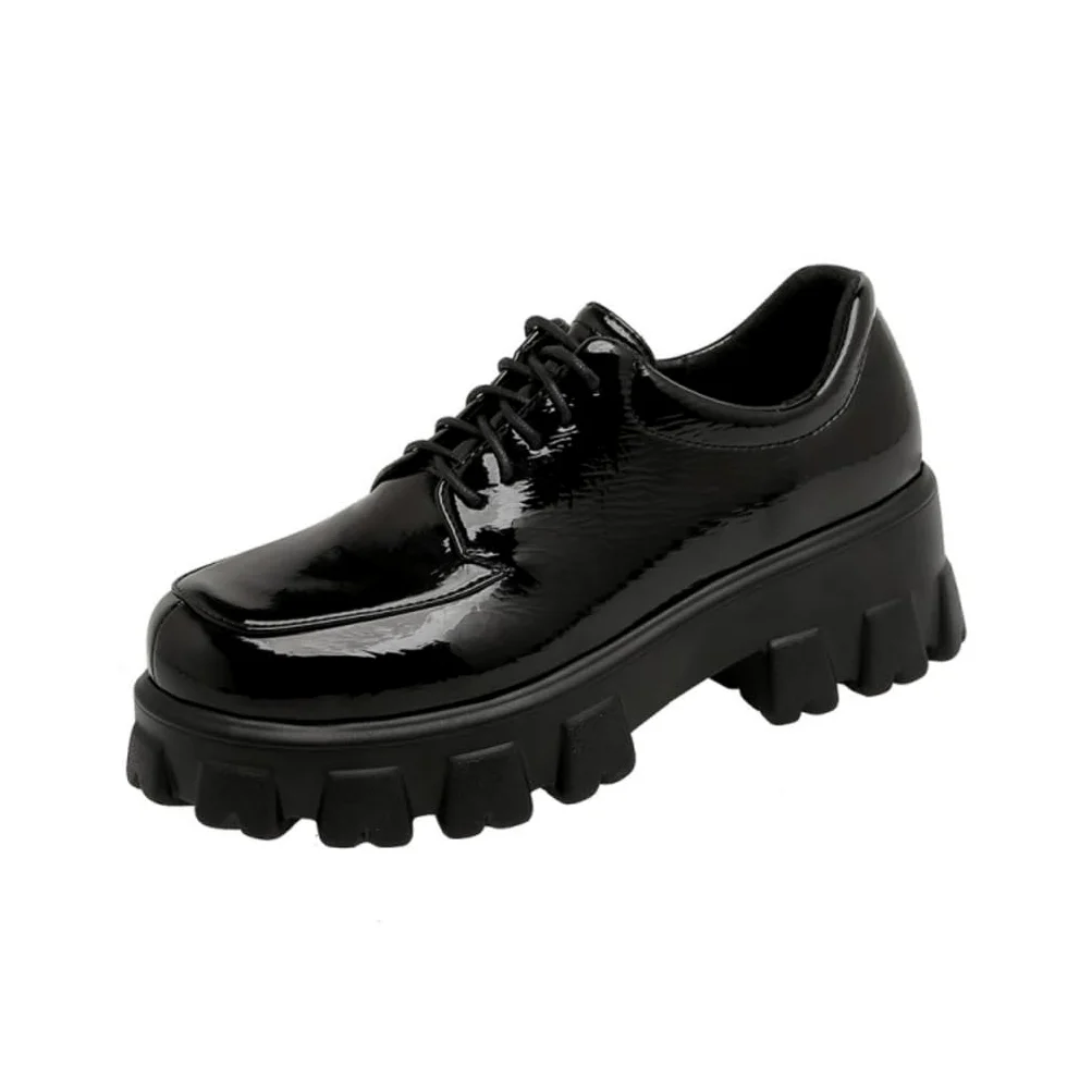 Mocasines Suaves De Charol para Mujer Tacón Alto Grueso Uniforme Zapatos De Vestir Cordones Zapatos De Oficina con Plataforma
