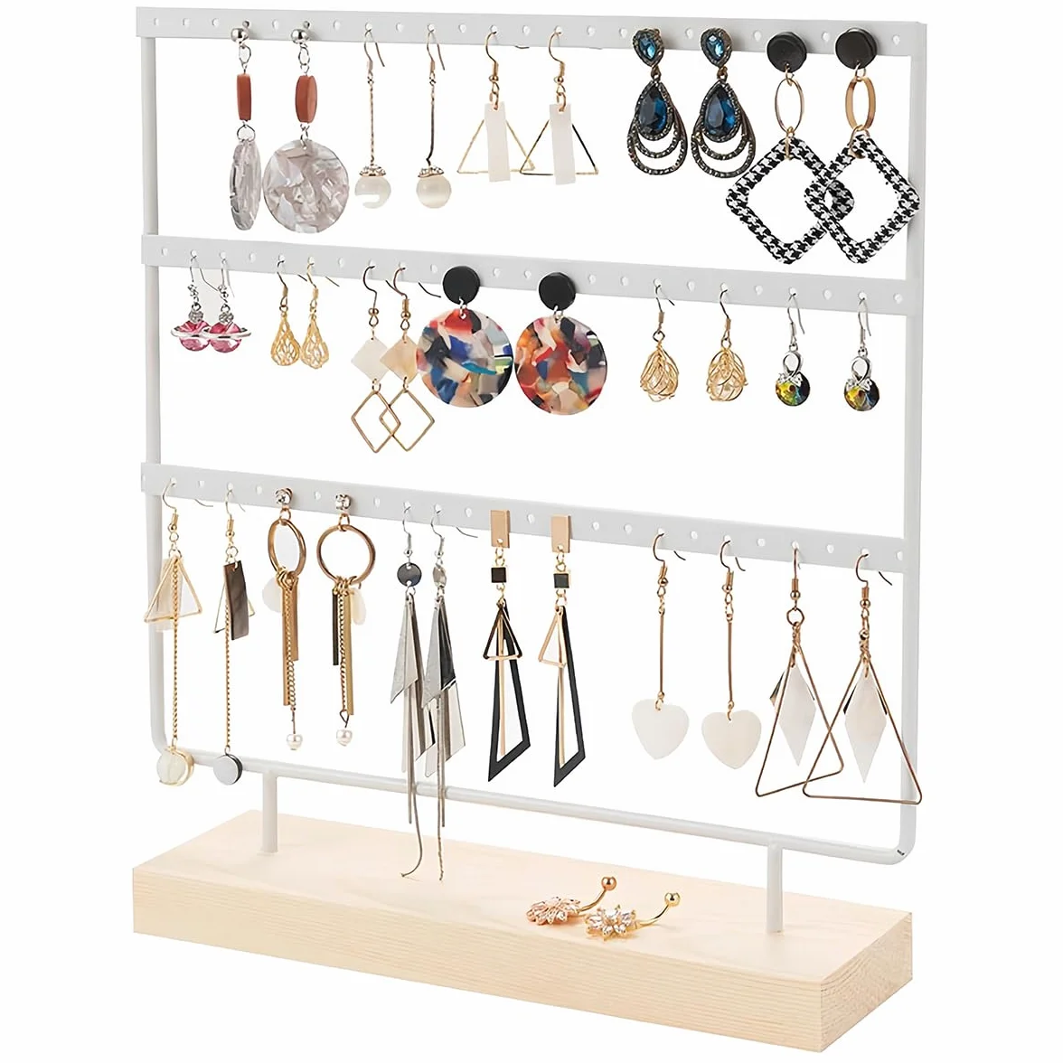 Organizador de Pendientes 60 Agujeros 3 Niveles con Base de Madera