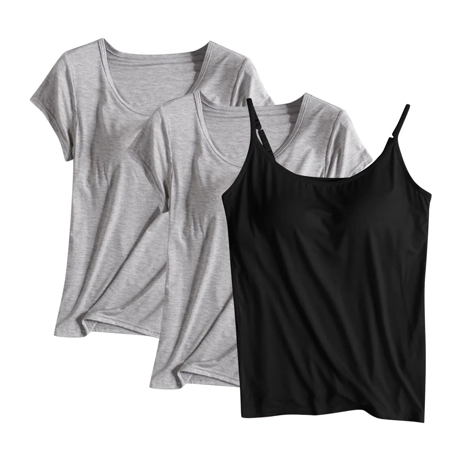 HAOLEI Top Mujer,3 Piezas Camisetas Manga Corta Mujer y Camisetas Tirantes Mujer Cuello Redondo Color Sólido Ropa Interior Tirantes con Almohadilla de Pecho Suave y Cómoda Tank Tops Camisole Shirt