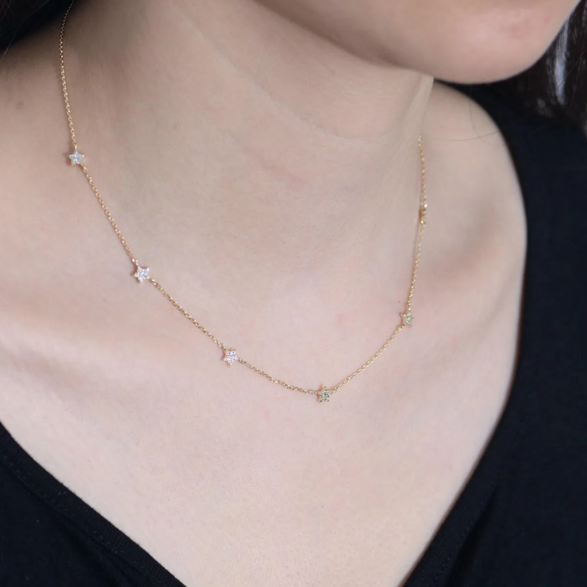 Collar de oro amarillo de 9/14/18 quilates, collares con colgante de estrella con moissanita, collares minimalistas de 38 + 5 cm
