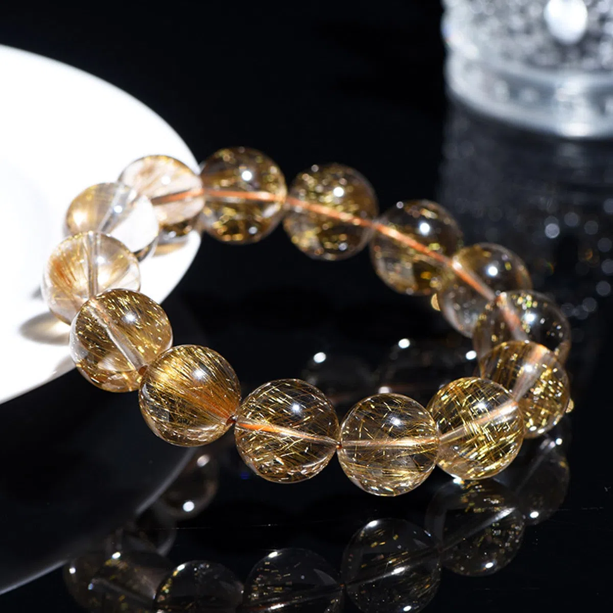 Pulsera de Cuentas de Chakras con Cristales de Piedras Preciosas, Cuentas de Cristal Natural, Cuarzo rutilado Dorado, Cuentas de Piedra Lisas Redondas pulidas, Cuentas de Piedra,6a,13MM
