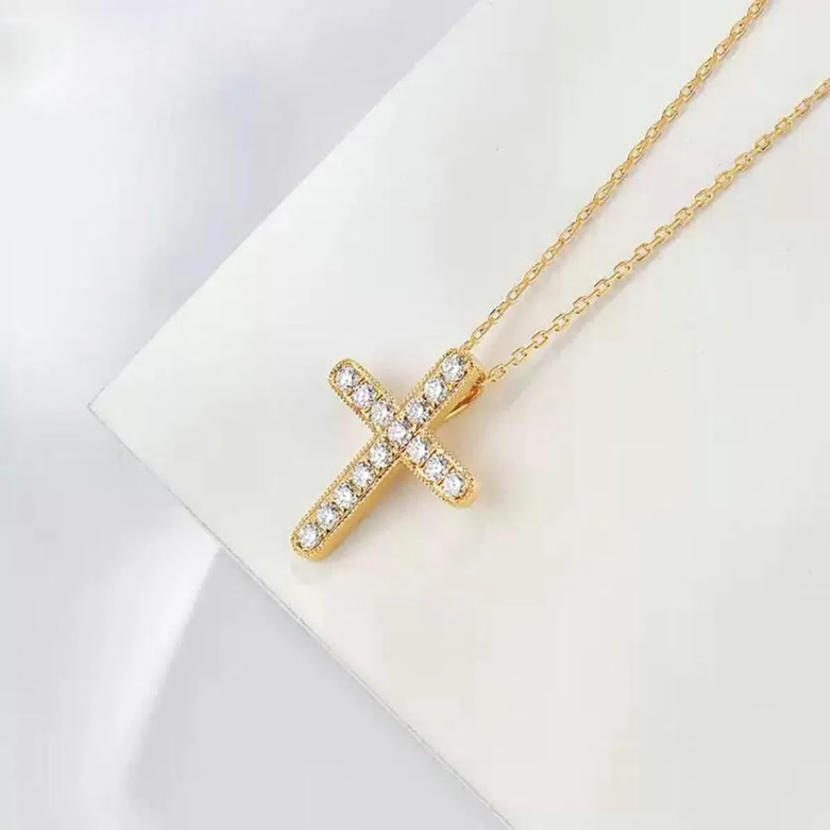 Collar de cadena para mujer, collar de mamá para mujer, cruz con diamante de 0,22 quilates, oro amarillo de 9/14/18 quilates, 45 cm