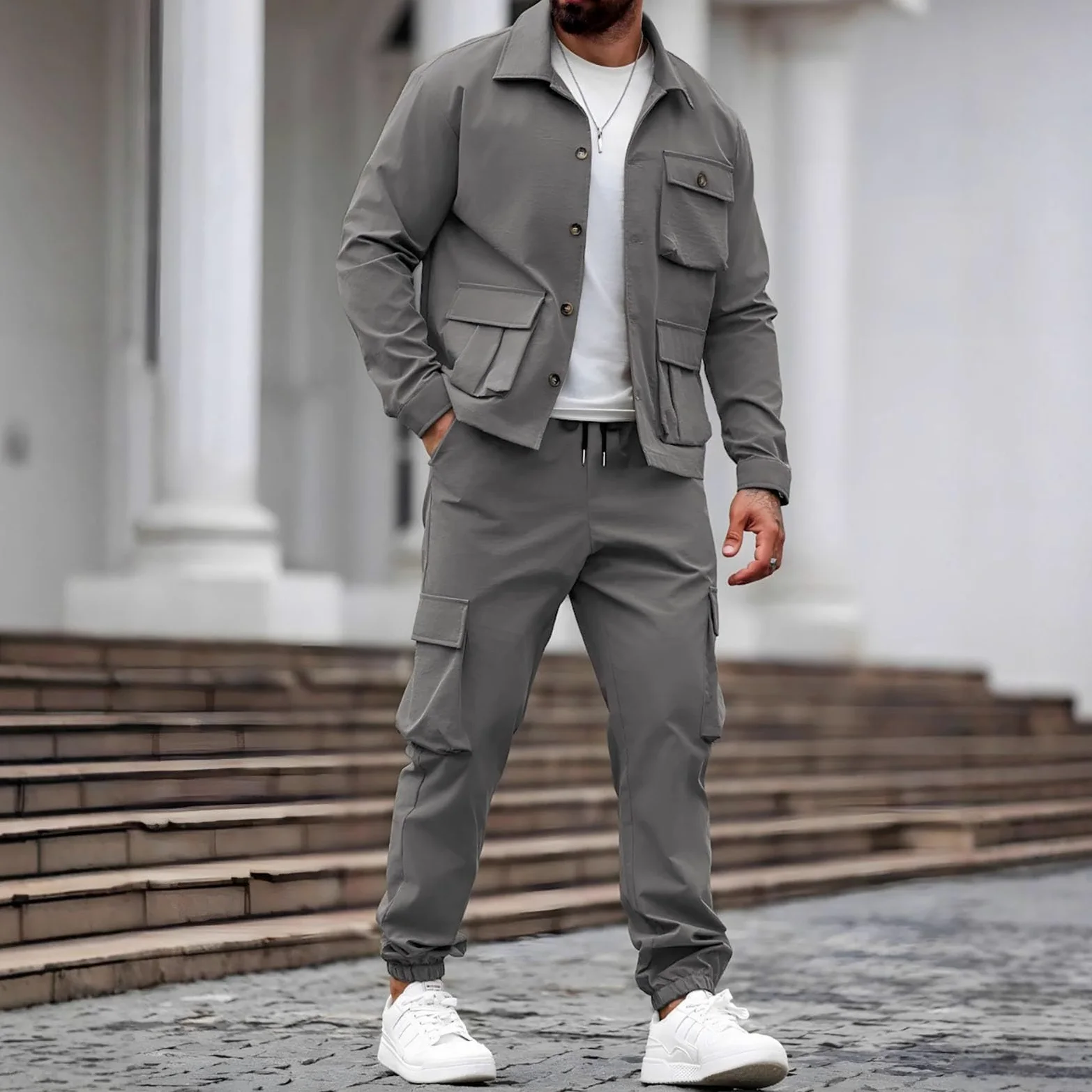 Conjunto completo de chándal para hombre, 2 piezas, chaqueta tipo cargo y | Conjuntos de entrenamiento elásticos, pantalones de escalada y camisetas de entrenamiento, con múltiples bolsillos