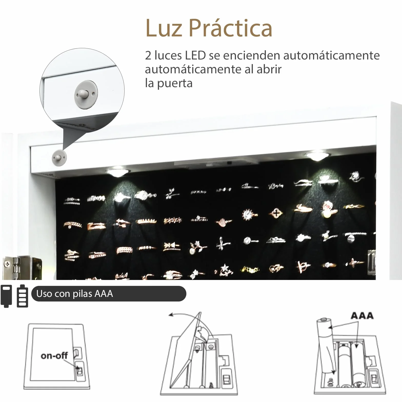 GOPLUS Armario Joyero, Espejo Joyero de Pared, con Luces LED y Cierre, llaves, Almacenamiento para Pendiente Collar, Organizador de Maquillaje con Espejo y 2 Cajones (Blanco, 108 x 37 x 9,5 cm)