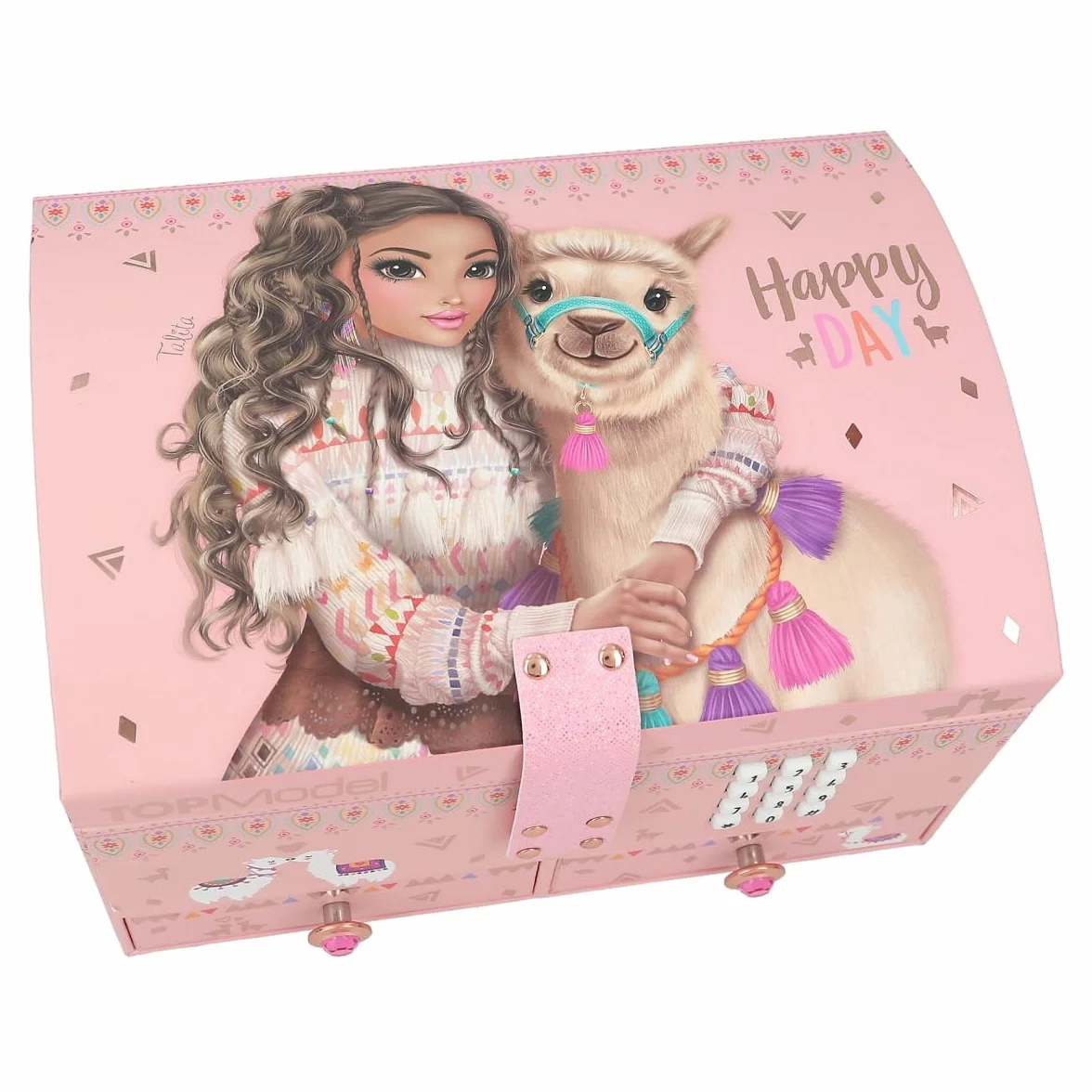 Depesche TOPModel Cosy-Pequeño Rosa Joyero con Motivo de Alpaca y Modelo, Abre con Código de Sonido, Espejo Tapa abatible Multicolor