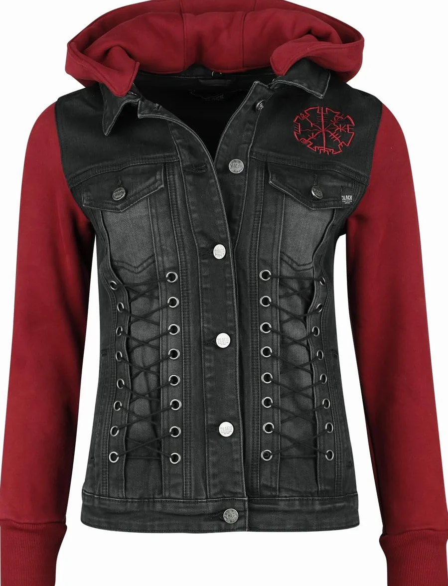 Chaqueta vaquera negra y roja con capucha desmontable Black Premium by EMP Mujer