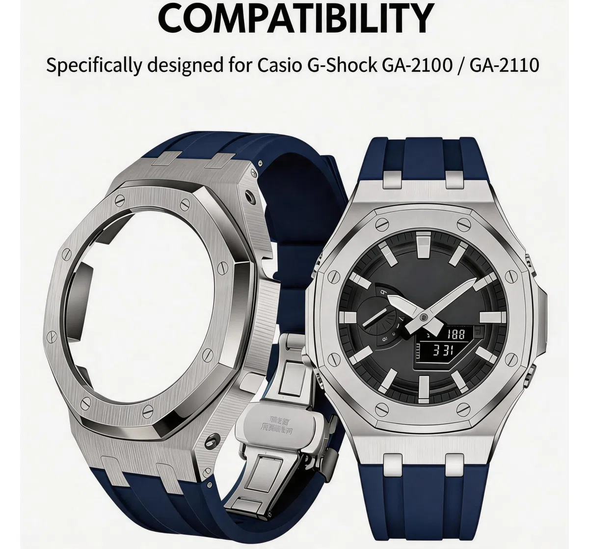 Repuesto Correa de Reloj de Silicona con Bisel de Acero Inoxidable 316L compatible con Casio G-Shock GA-2100 / GA-2110 | Azul