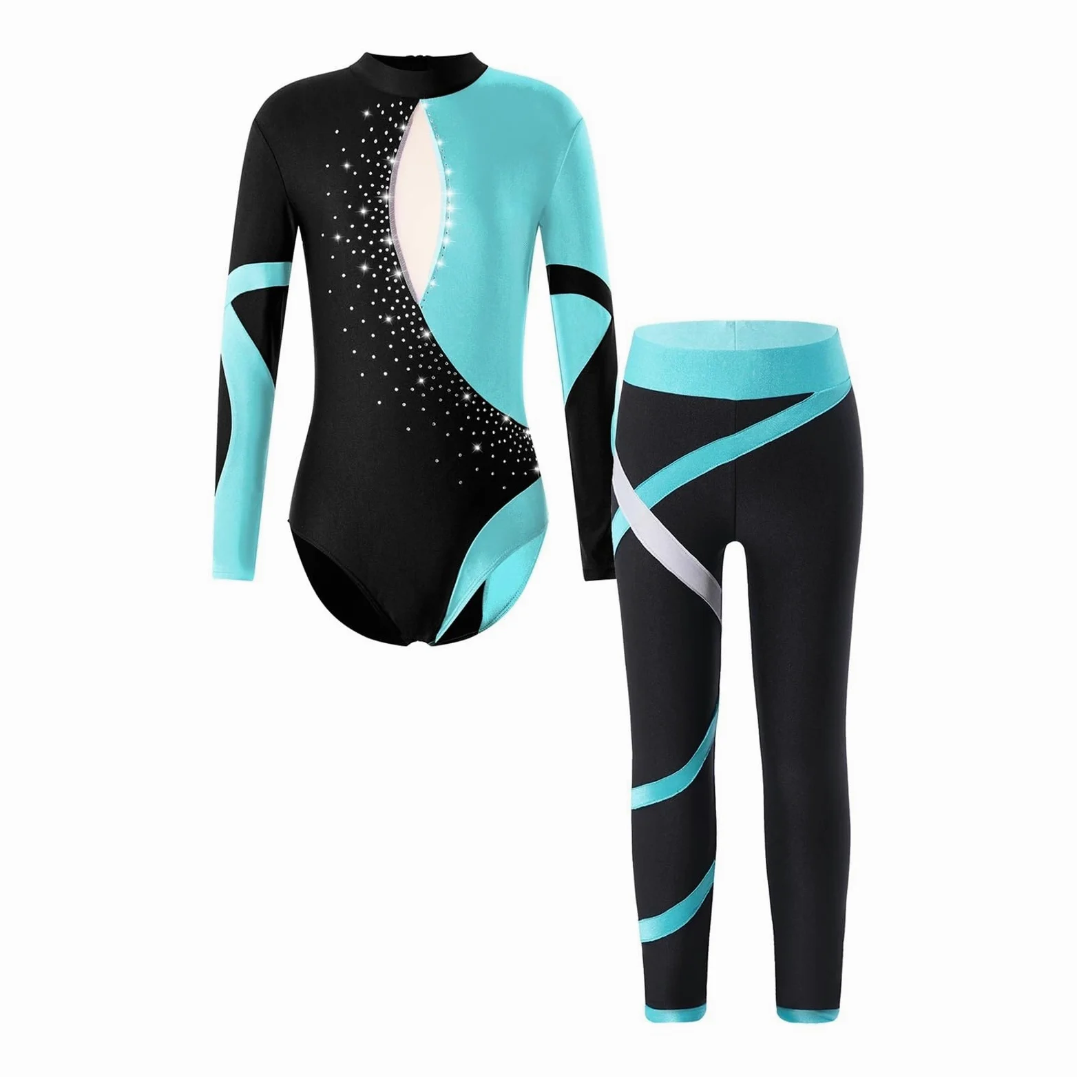 Maillot Gimnasia Mono de Gimnasia for niñas, Manga Larga, Brillantes Diamantes de imitación, Mallas de Ballet y Gimnasia con Leggings for Yoga, Patinaje Maillot De Danza Gimnasia(14)