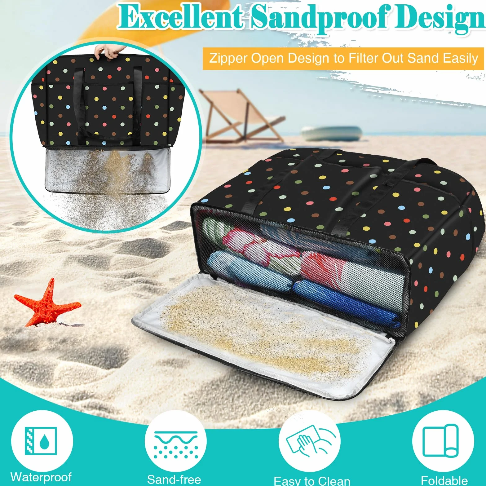 LUROON Bolsa Playa Grande XXL Familiar con Cremallera Impermeable Bolso de Playa Mujer Plegable Shopper Bolso Playa Mujer para Viaje Compras 50 * 35 * 20cm