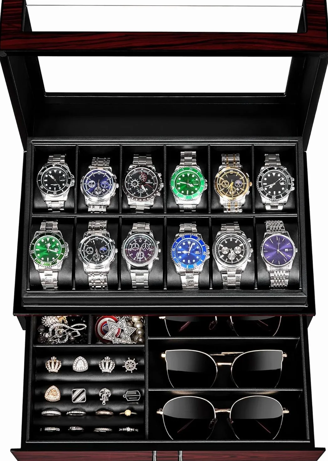 ANWBROAD Caja Relojes para Hombre 12 Compartimentos Tapa de Cristal Caja de Relojes 2 Capas de Pintura Relojero Organizador para Guardar Joyas Forro de PU Regalo para Hombre y Mujer JWB005Y